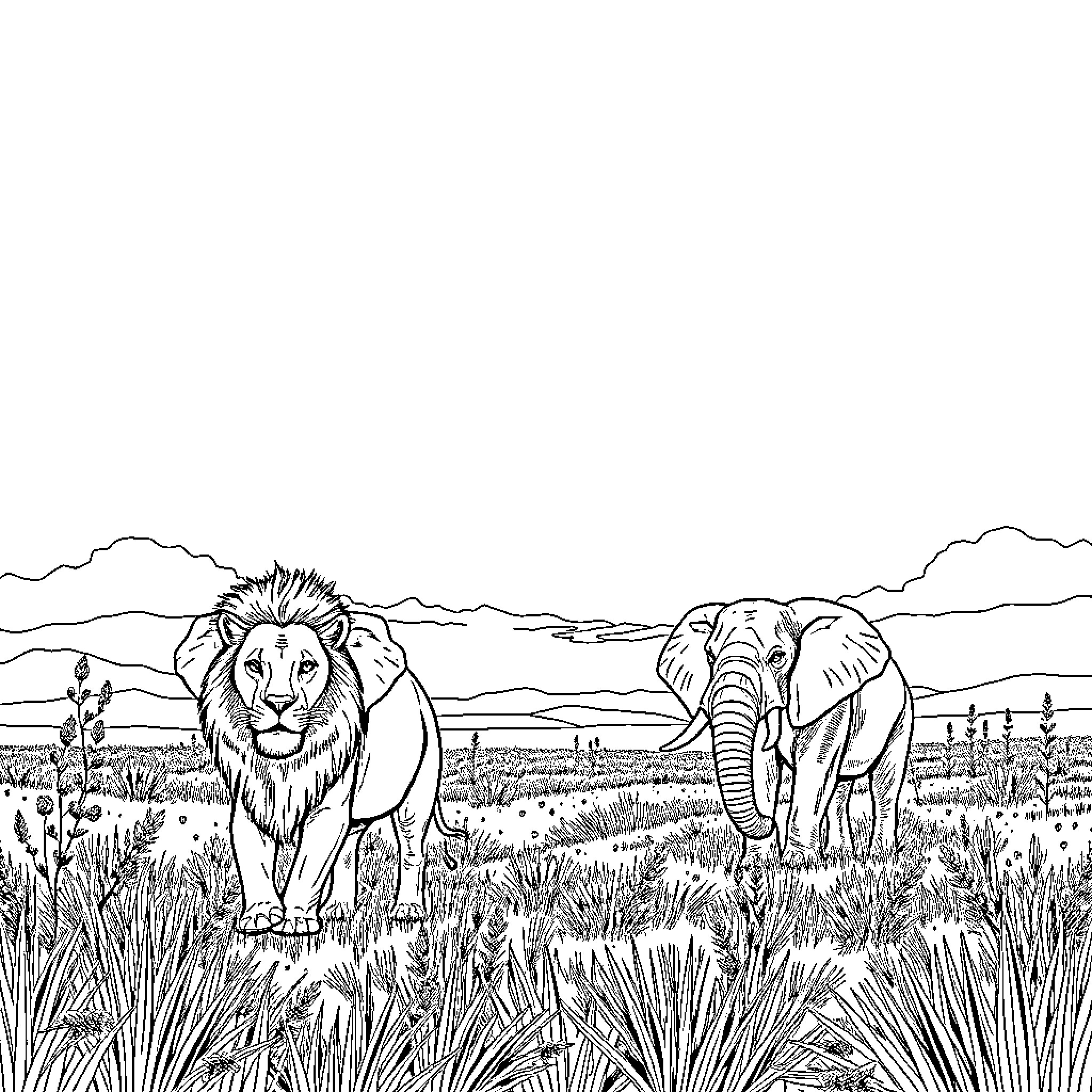 Savanna Animals Roaming in the Wild Coloring Page (free black-and-white line drawing printable PDF for all, from beginners to advanced learners, including children, teens, adults, and seniors)
