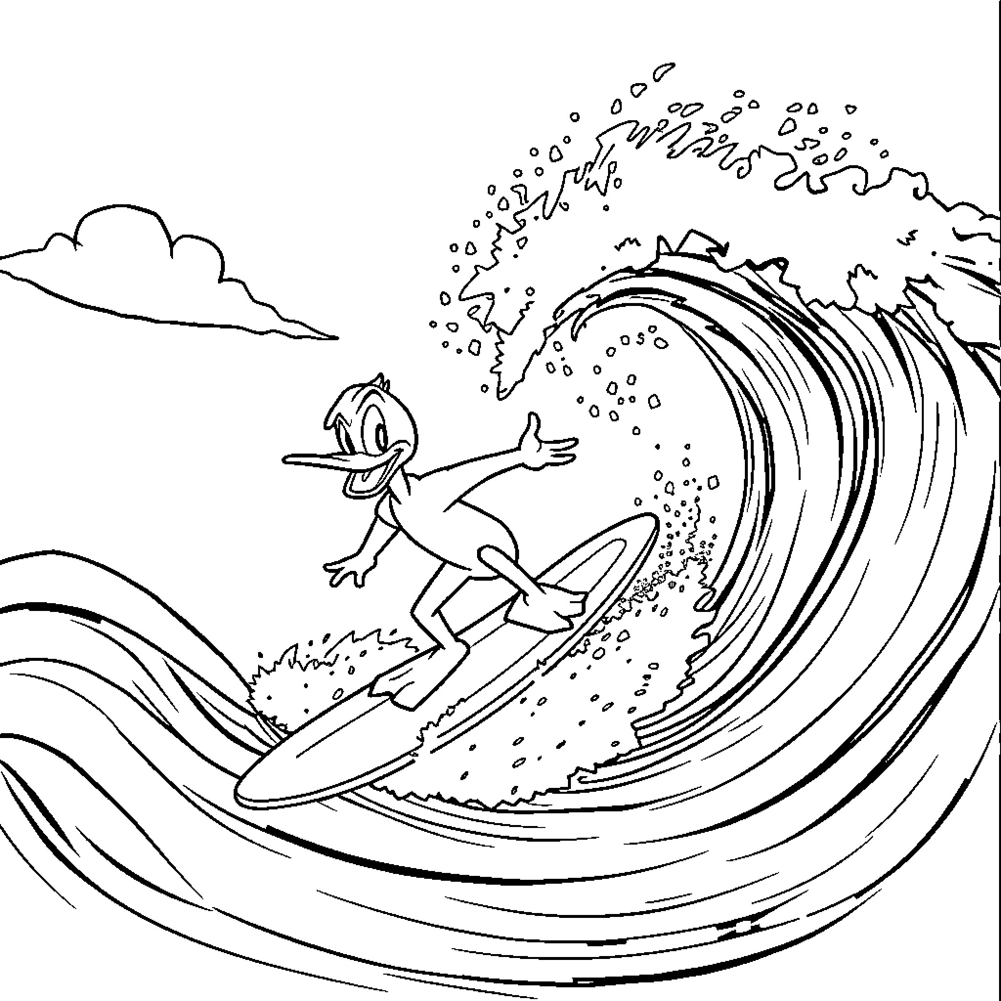 Darkwing Duck surfing through giant waves Coloring Page (free black-and-white line drawing printable PDF for all, from beginners to advanced learners, including children, teens, adults, and seniors)