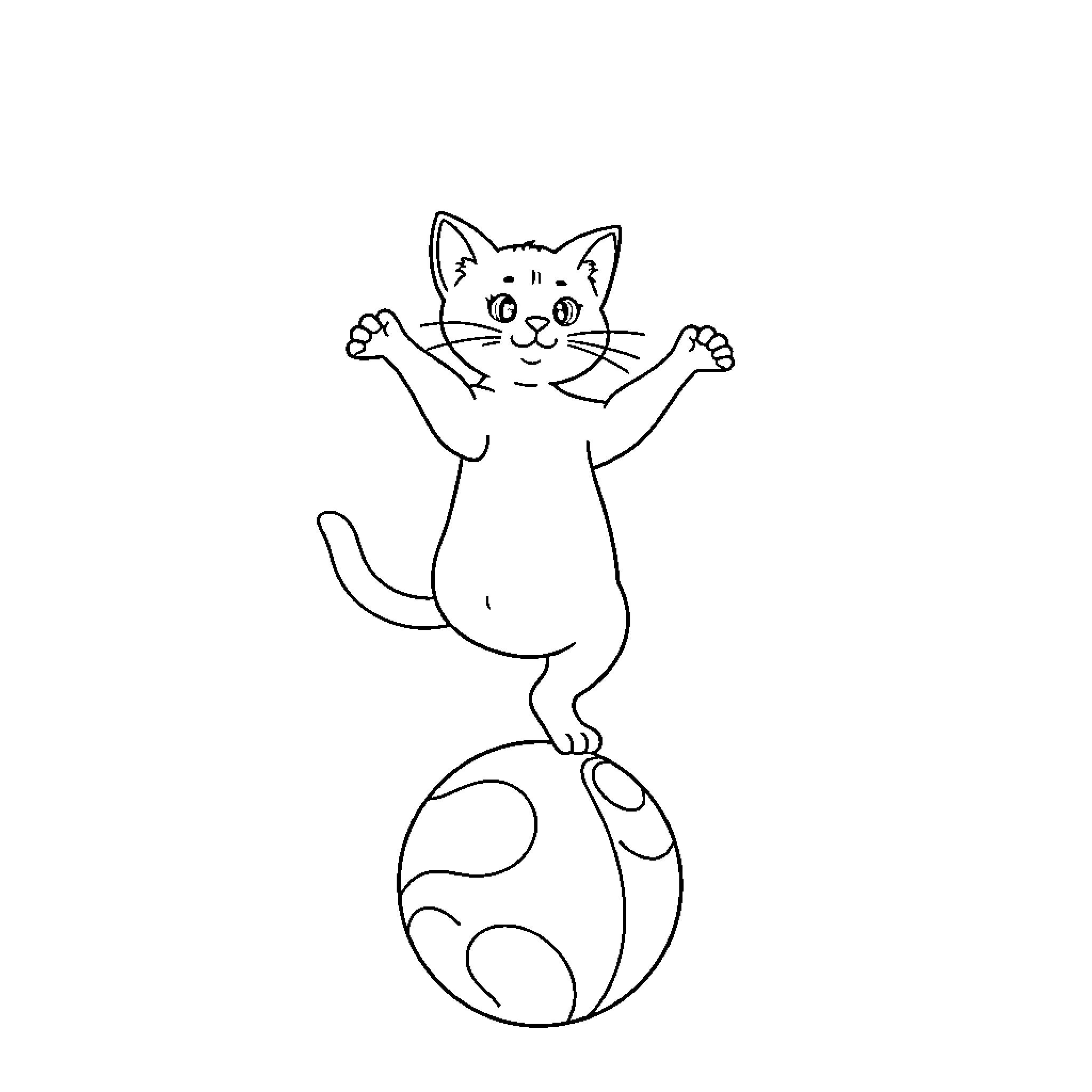 Cat balancing on ball with playful expression Coloring Page (free black-and-white line drawing printable PDF for all, from beginners to advanced learners, including children, teens, adults, and seniors)