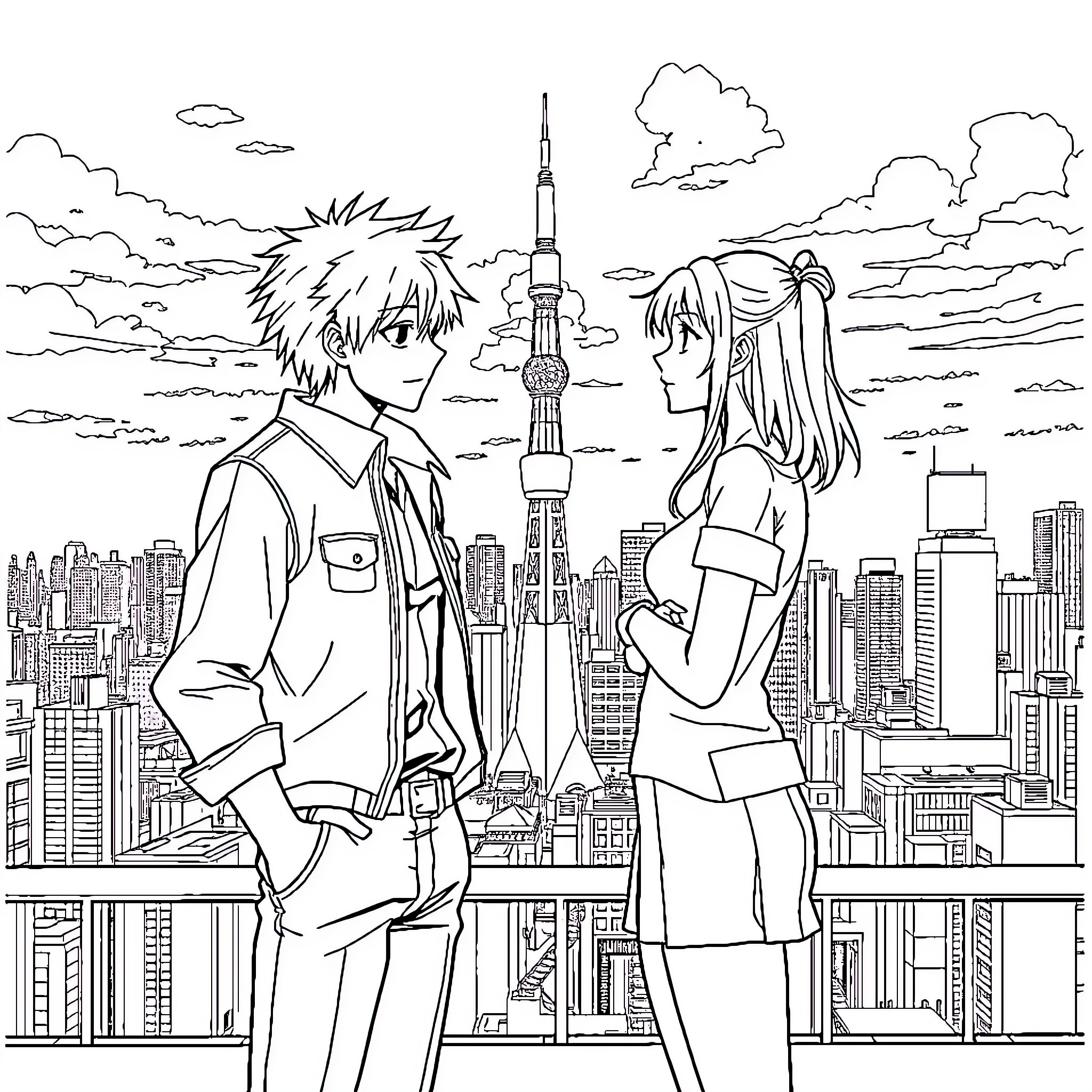 Shinji Ikari and companion overlooking cityscape Coloring Page (free black-and-white line drawing printable PDF for all, from beginners to advanced learners, including children, teens, adults, and seniors)