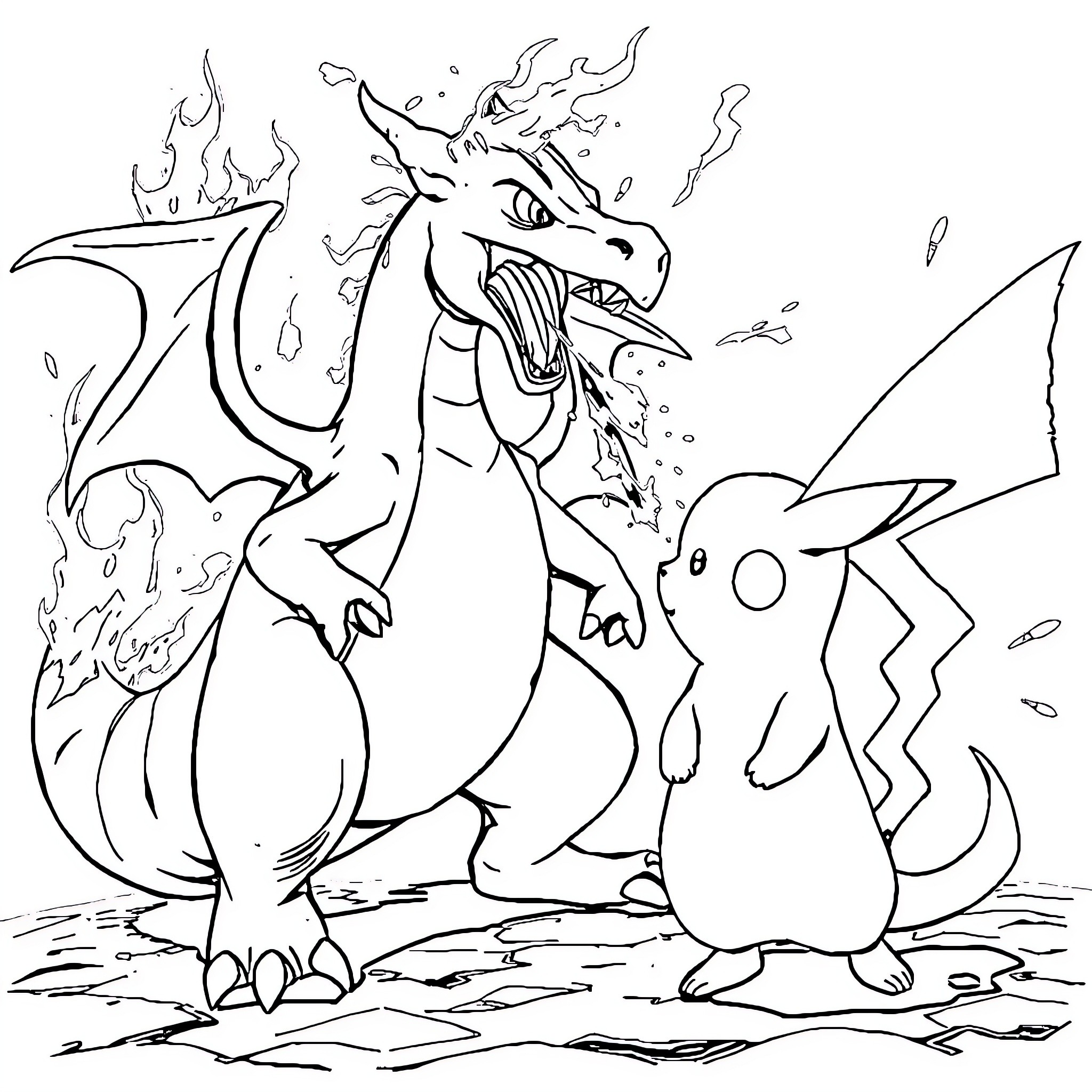 Charizard and Pikachu Confronting in a Fiery Scene Coloring Page (free black-and-white line drawing printable PDF for all, from beginners to advanced learners, including children, teens, adults, and seniors)