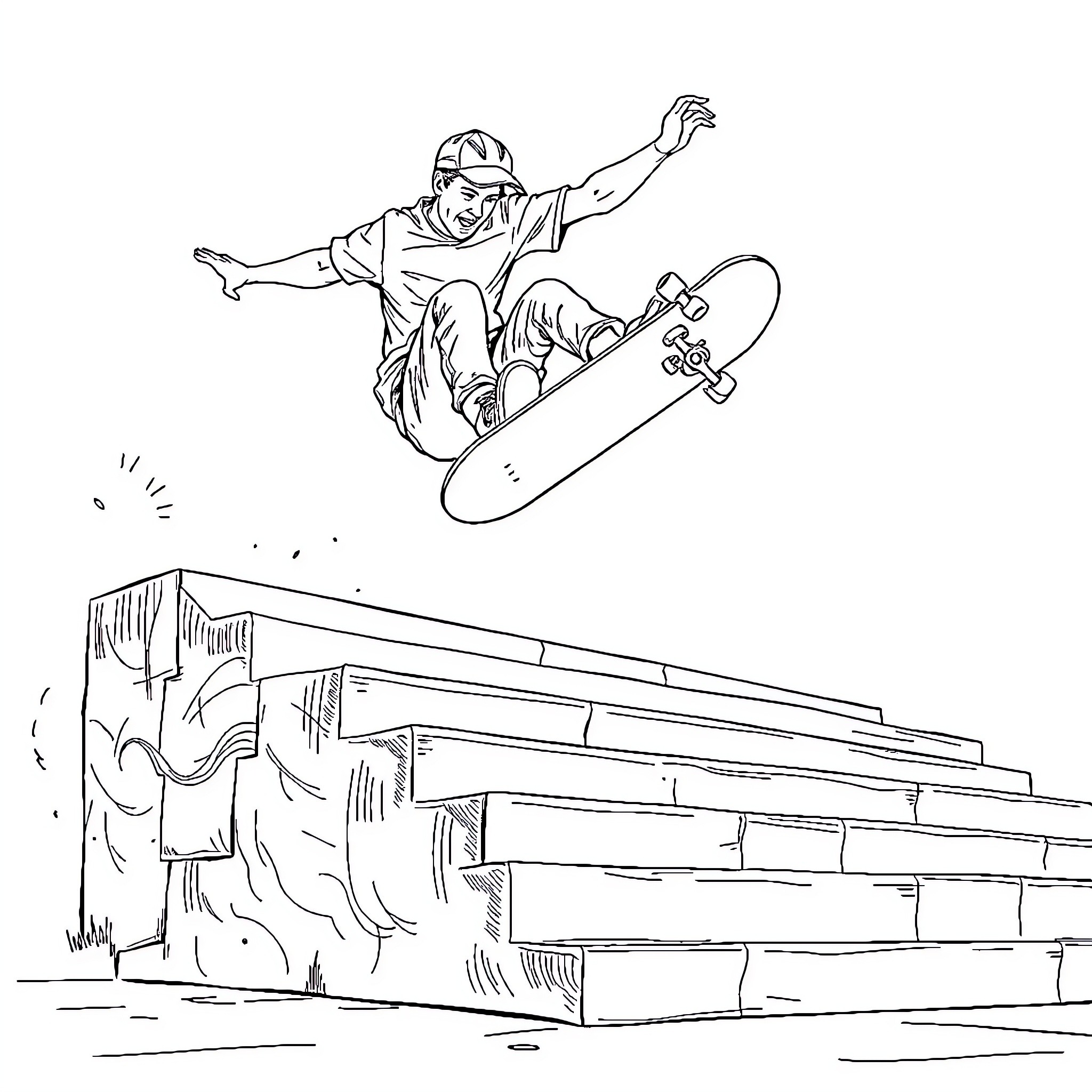 Man performing mid-air skateboard trick on ramp Coloring Page (free black-and-white line drawing printable PDF for all, from beginners to advanced learners, including children, teens, adults, and seniors)