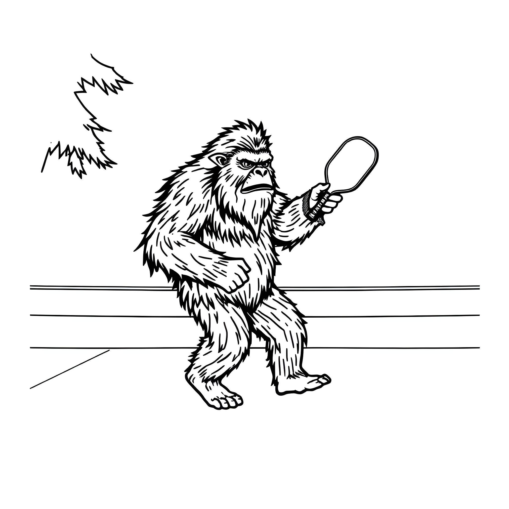 Sasquatch investigating the wilderness with a magnifying glass Coloring Page (free black-and-white line drawing printable PDF for all, from beginners to advanced learners, including children, teens, adults, and seniors)