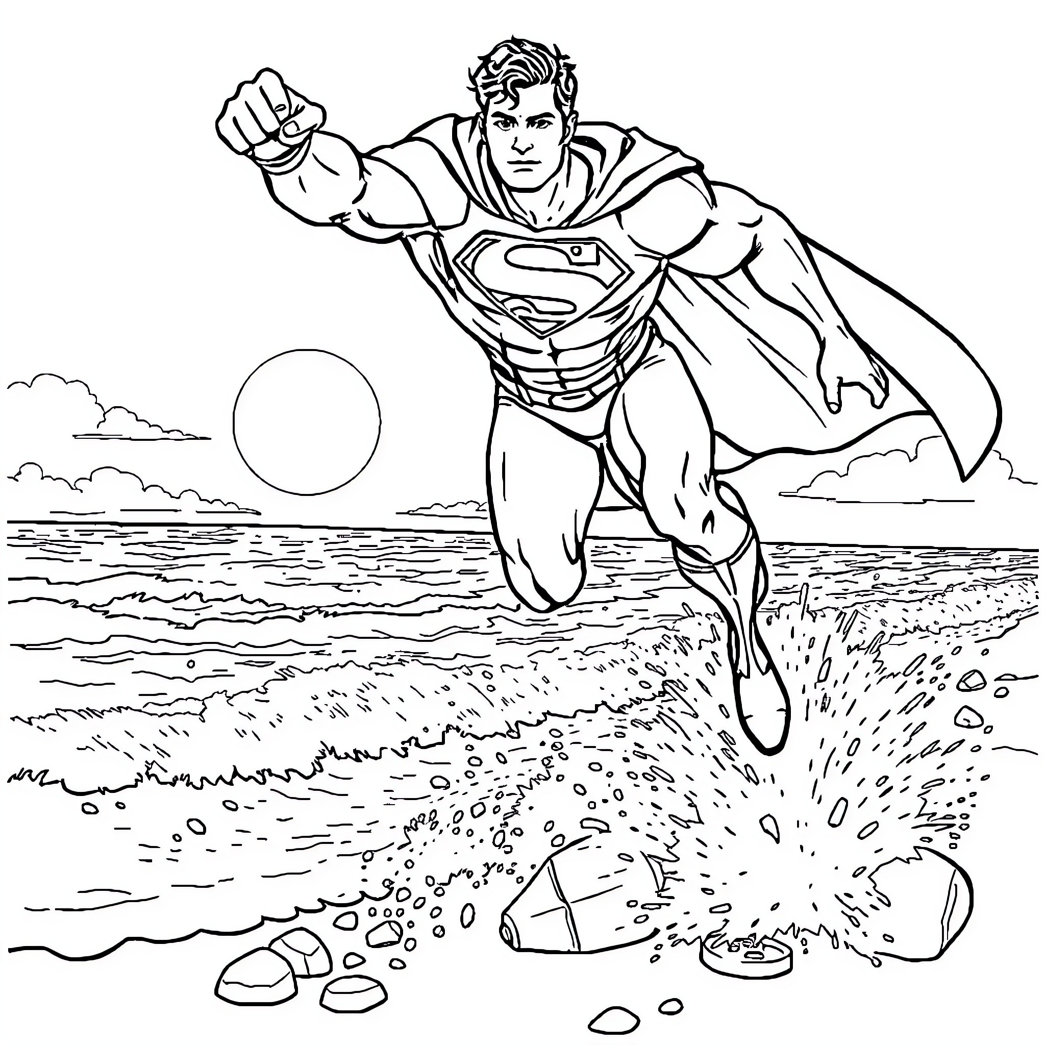 Superman soaring through the sky above the ocean Coloring Page (free black-and-white line drawing printable PDF for all, from beginners to advanced learners, including children, teens, adults, and seniors)