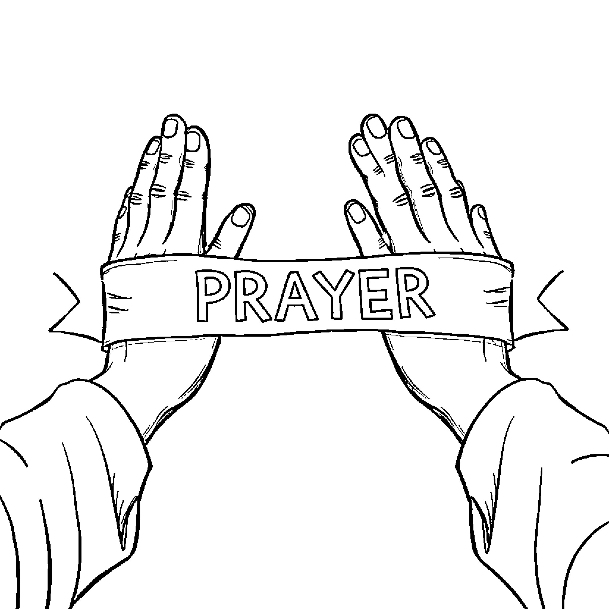 Hands clasped in prayer with ribbon Coloring Page (free black-and-white line drawing printable PDF for all, from beginners to advanced learners, including children, teens, adults, and seniors)