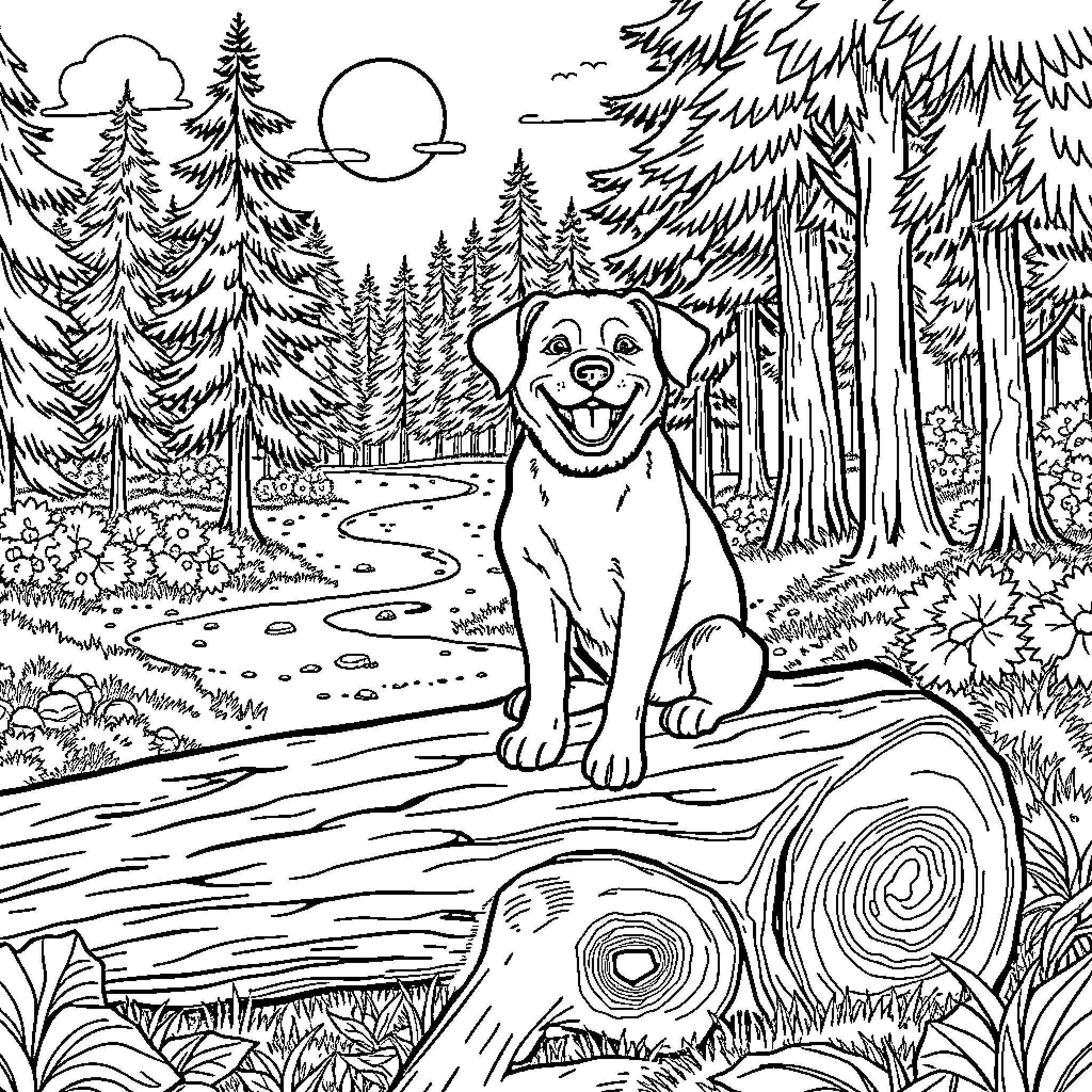 Dog exploring nature in the forest Coloring Page (free black-and-white line drawing printable PDF for all, from beginners to advanced learners, including children, teens, adults, and seniors)