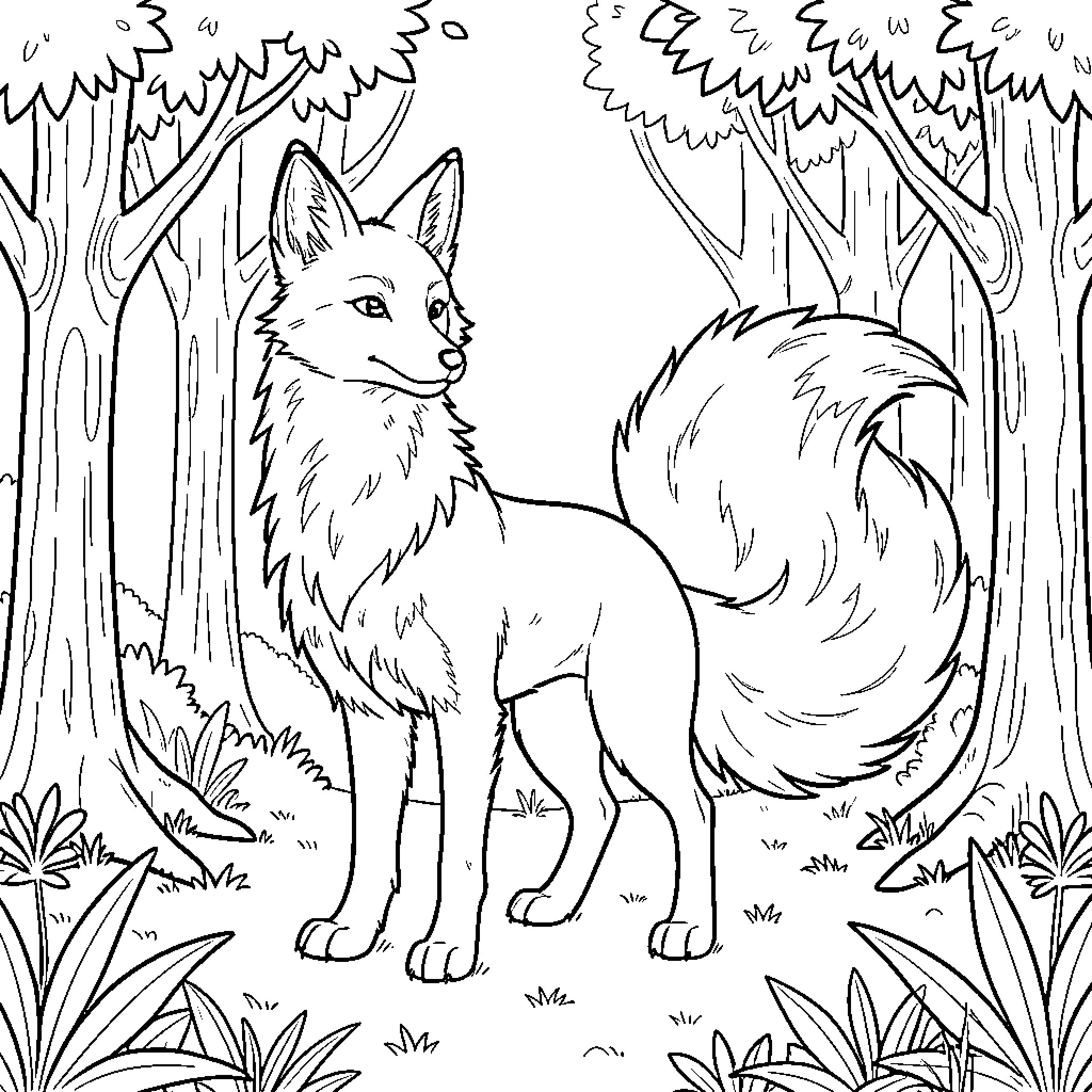 Kitsune standing calmly amidst a dense forest Coloring Page (free black-and-white line drawing printable PDF for all, from beginners to advanced learners, including children, teens, adults, and seniors)