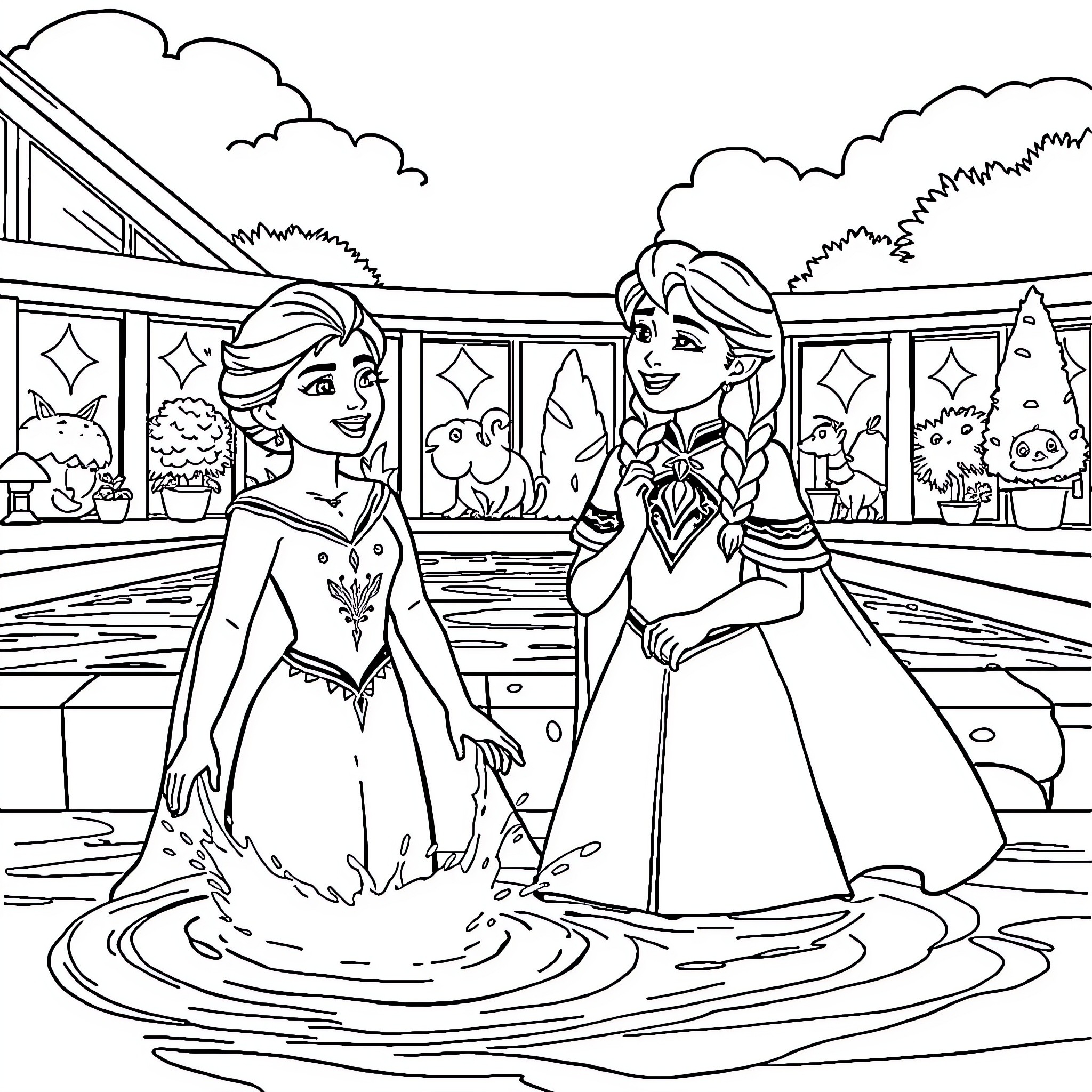 Elsa and Anna enjoying a warm summer day Coloring Page (free black-and-white line drawing printable PDF for all, from beginners to advanced learners, including children, teens, adults, and seniors)