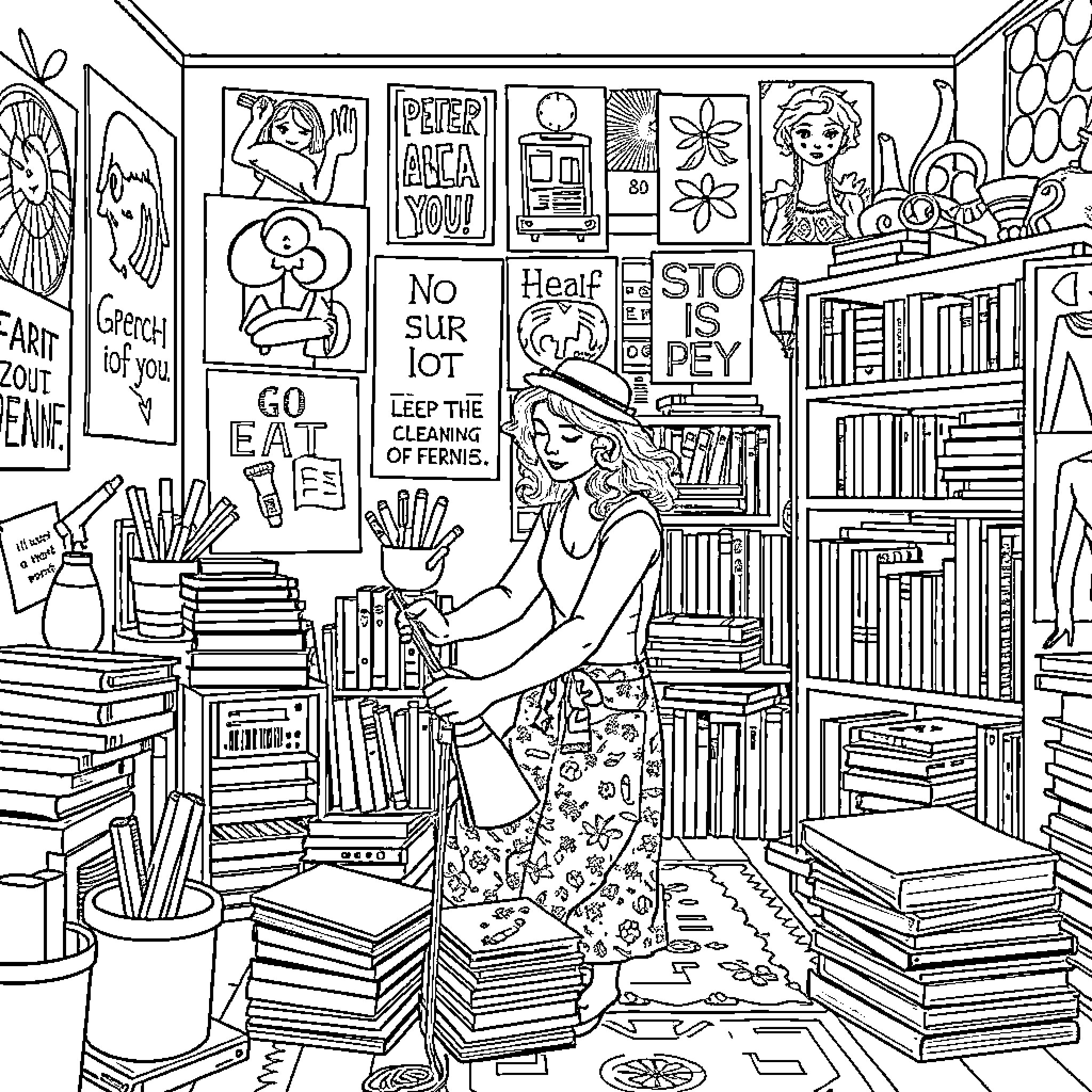 Feminist Expression in a Creative Workspace Coloring Page (free black-and-white line drawing printable PDF for all, from beginners to advanced learners, including children, teens, adults, and seniors)