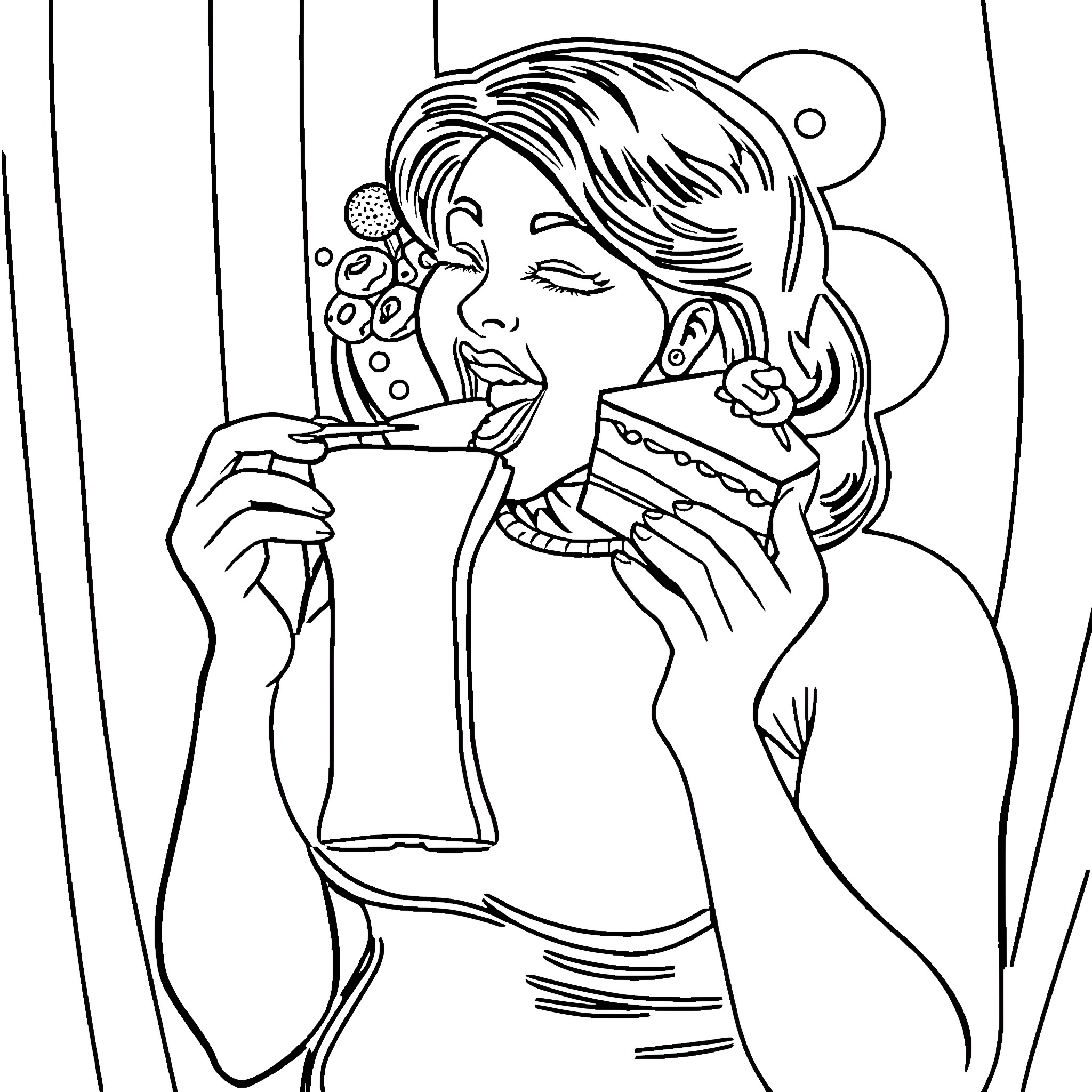 Woman enjoying a delightful beverage Coloring Page (free black-and-white line drawing printable PDF for all, from beginners to advanced learners, including children, teens, adults, and seniors)