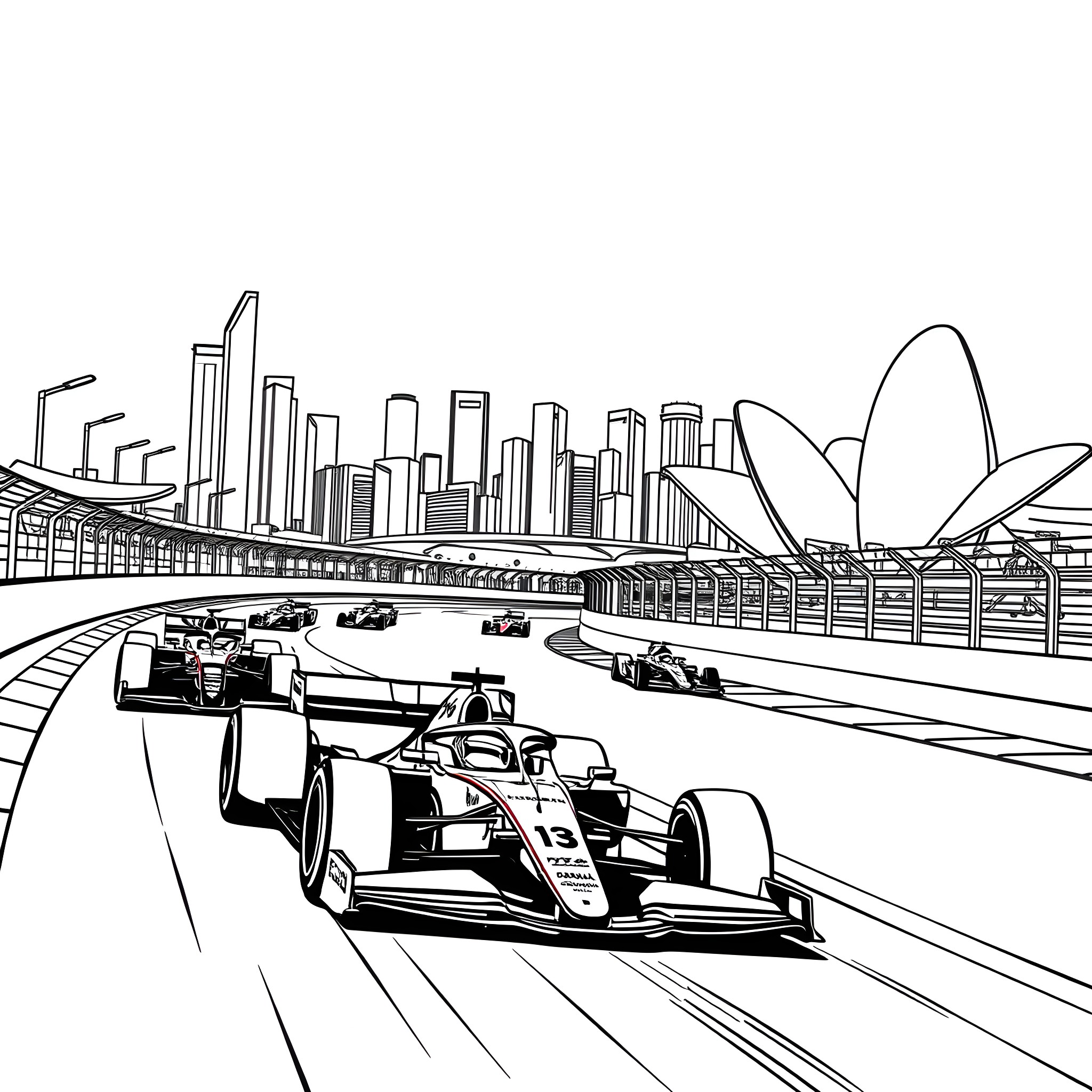 Formula 1 Car Racing on City Circuit Coloring Page (free black-and-white line drawing printable PDF for all, from beginners to advanced learners, including children, teens, adults, and seniors)