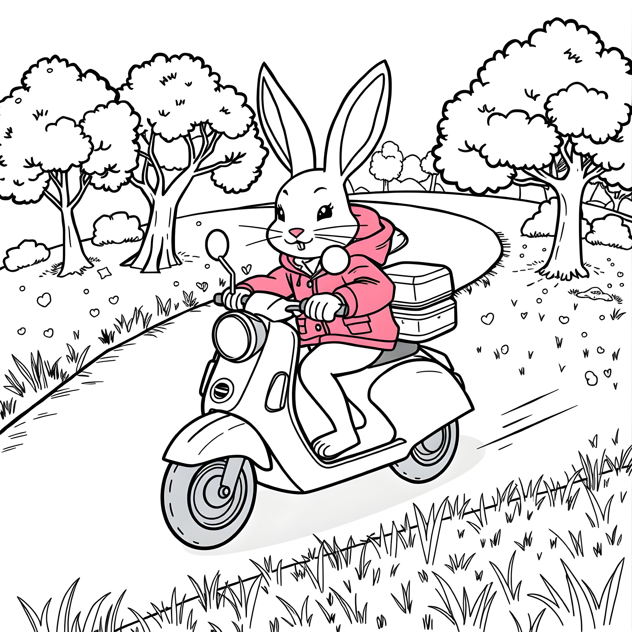 Rabbit riding scooter in forest landscape Coloring Page (free black-and-white line drawing printable PDF for all, from beginners to advanced learners, including children, teens, adults, and seniors)