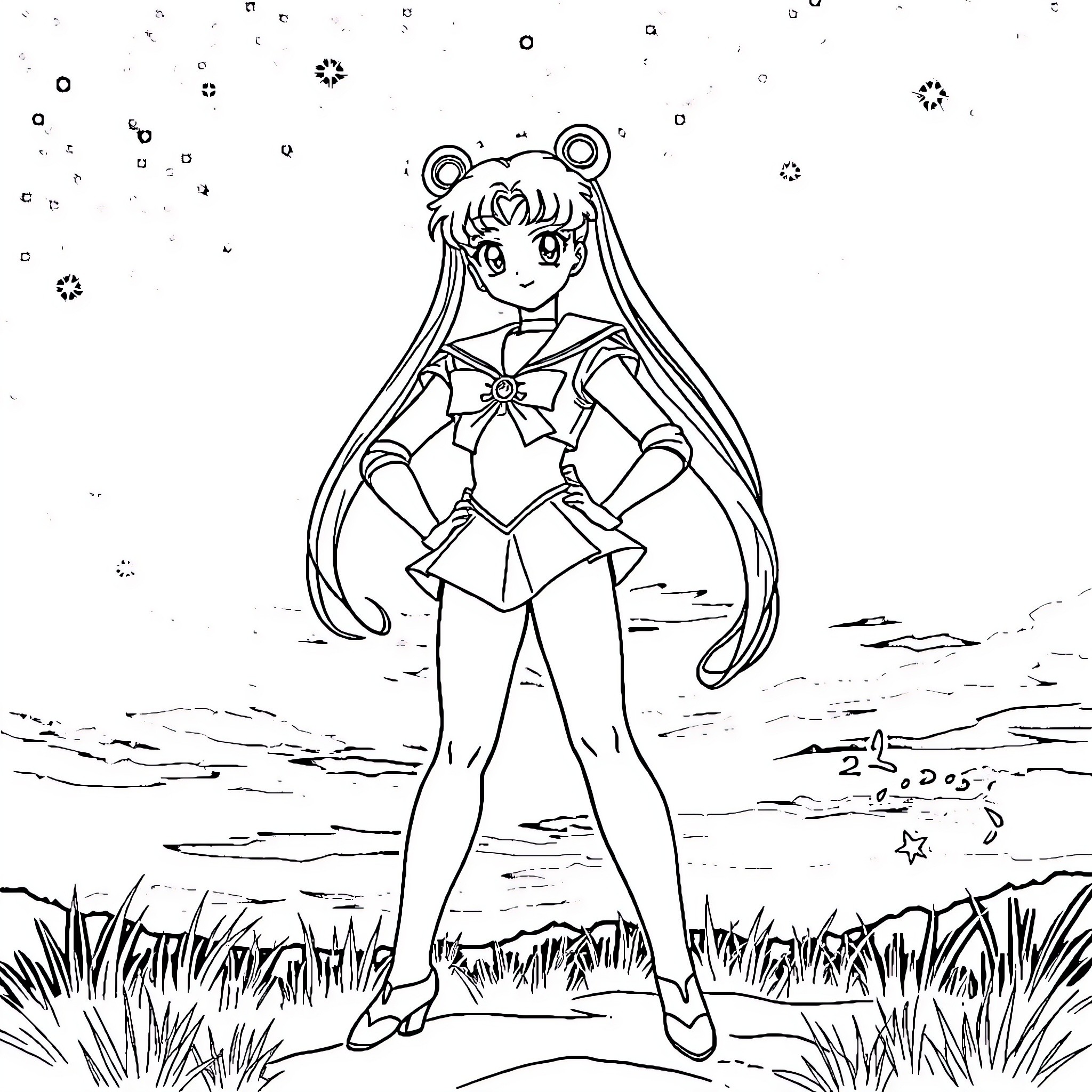 Sailor Moon Stands Heroically in a Grassy Field Coloring Page (free black-and-white line drawing printable PDF for all, from beginners to advanced learners, including children, teens, adults, and seniors)