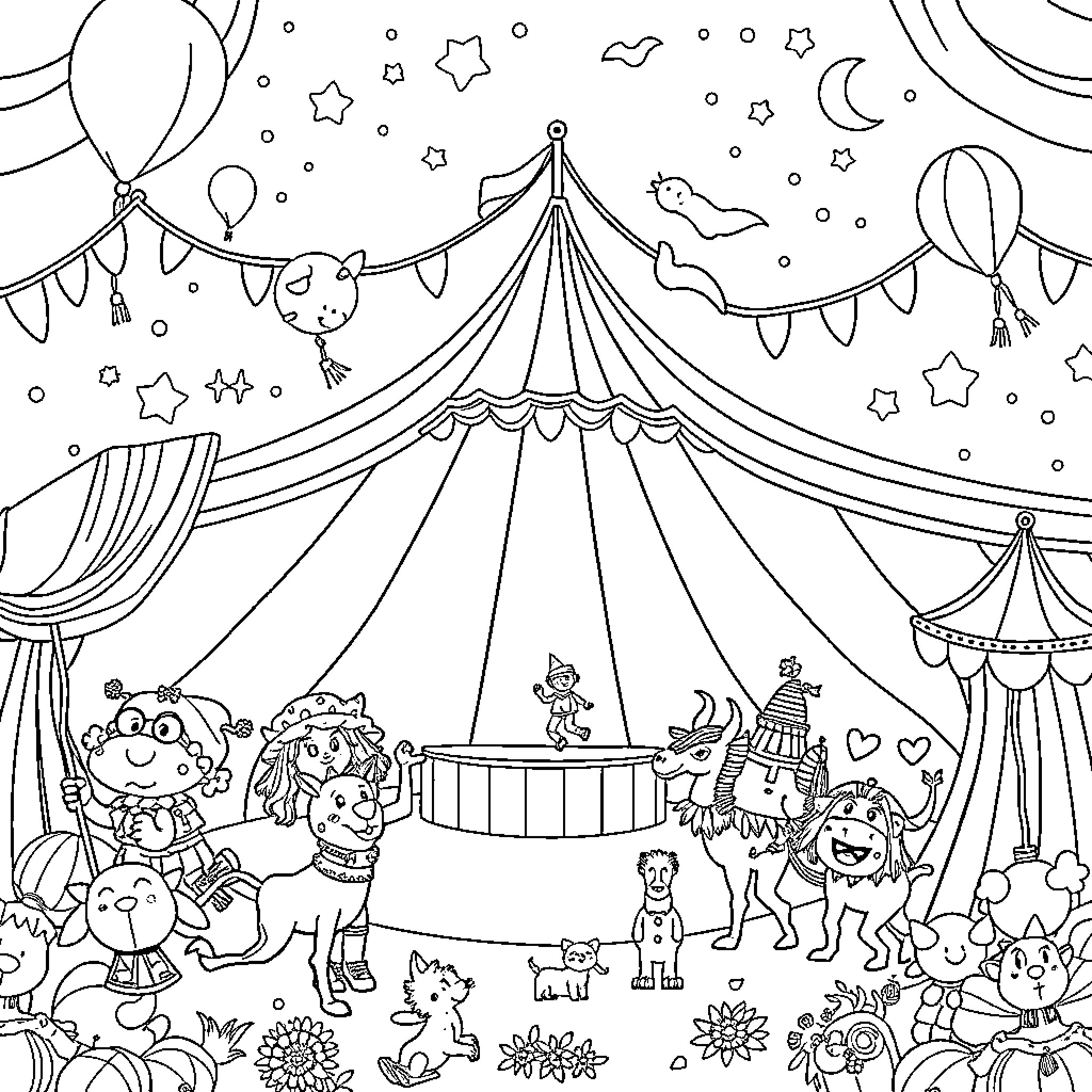 Circus with Whimsical Characters and Festive Decorations Coloring Page (free black-and-white line drawing printable PDF for all, from beginners to advanced learners, including children, teens, adults, and seniors)