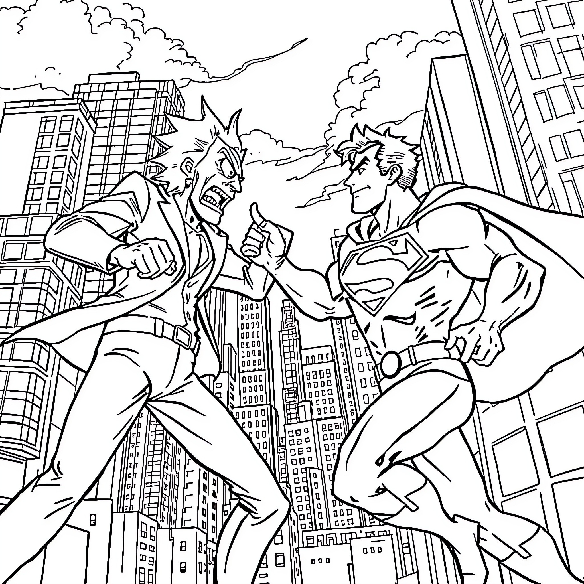 Superman fighting a supervillain in the city Coloring Page (free black-and-white line drawing printable PDF for all, from beginners to advanced learners, including children, teens, adults, and seniors)