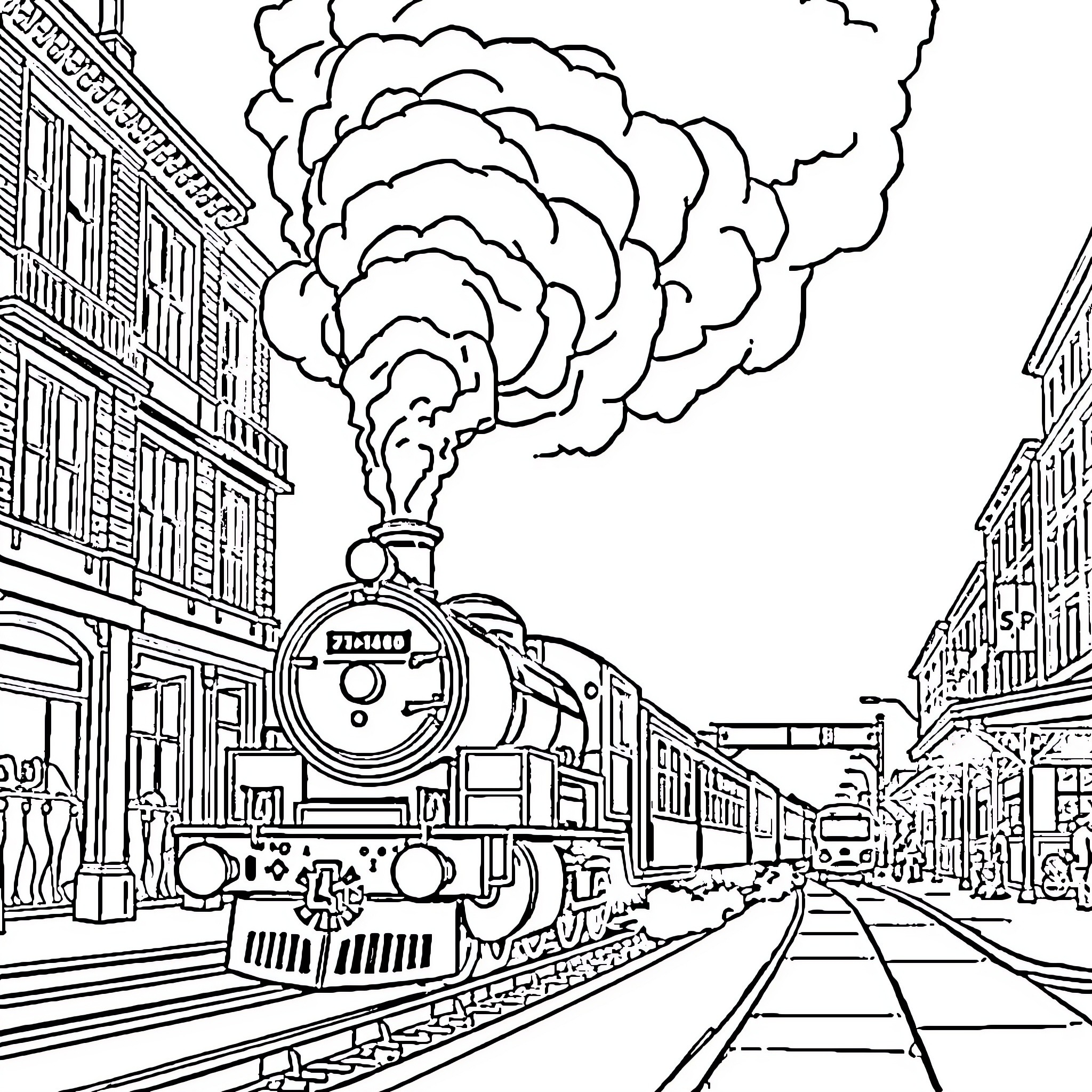 Train traveling through a bustling urban scene Coloring Page (free black-and-white line drawing printable PDF for all, from beginners to advanced learners, including children, teens, adults, and seniors)