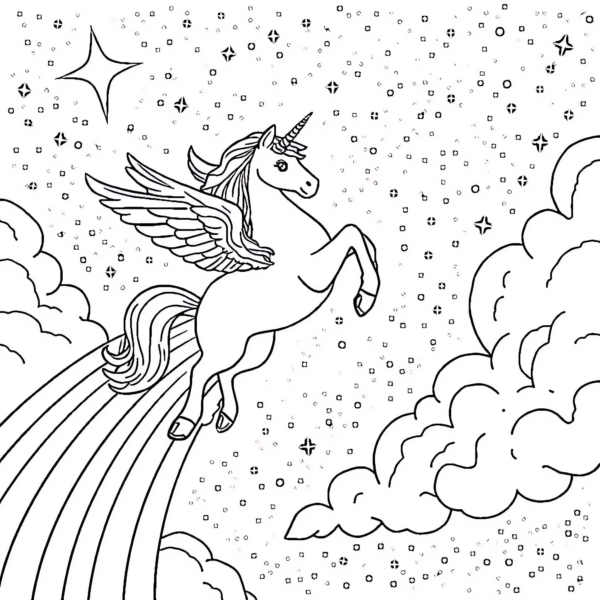 Unicorn soaring through the starry night sky Coloring Page (free black-and-white line drawing printable PDF for all, from beginners to advanced learners, including children, teens, adults, and seniors)
