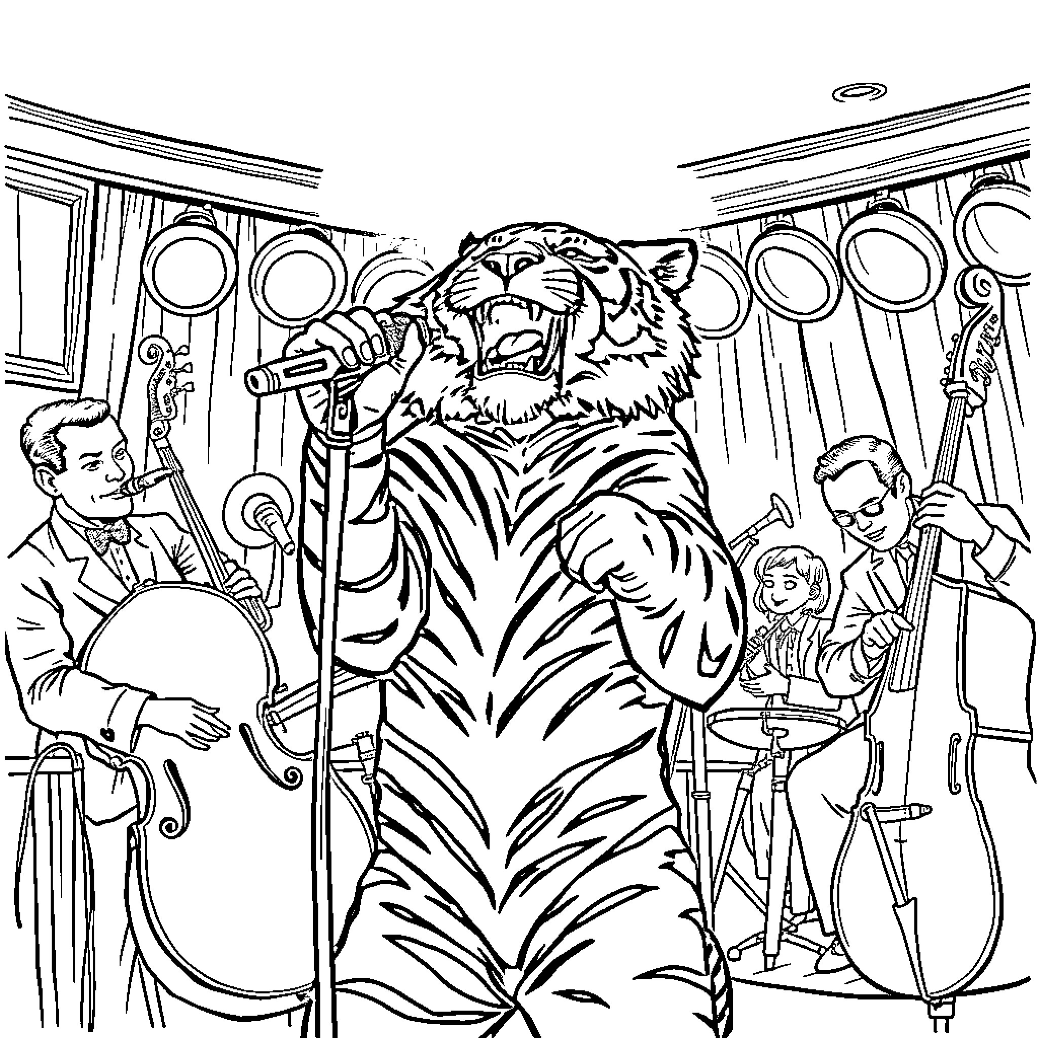 Tiger Performing with Musical Band on Stage Coloring Page (free black-and-white line drawing printable PDF for all, from beginners to advanced learners, including children, teens, adults, and seniors)