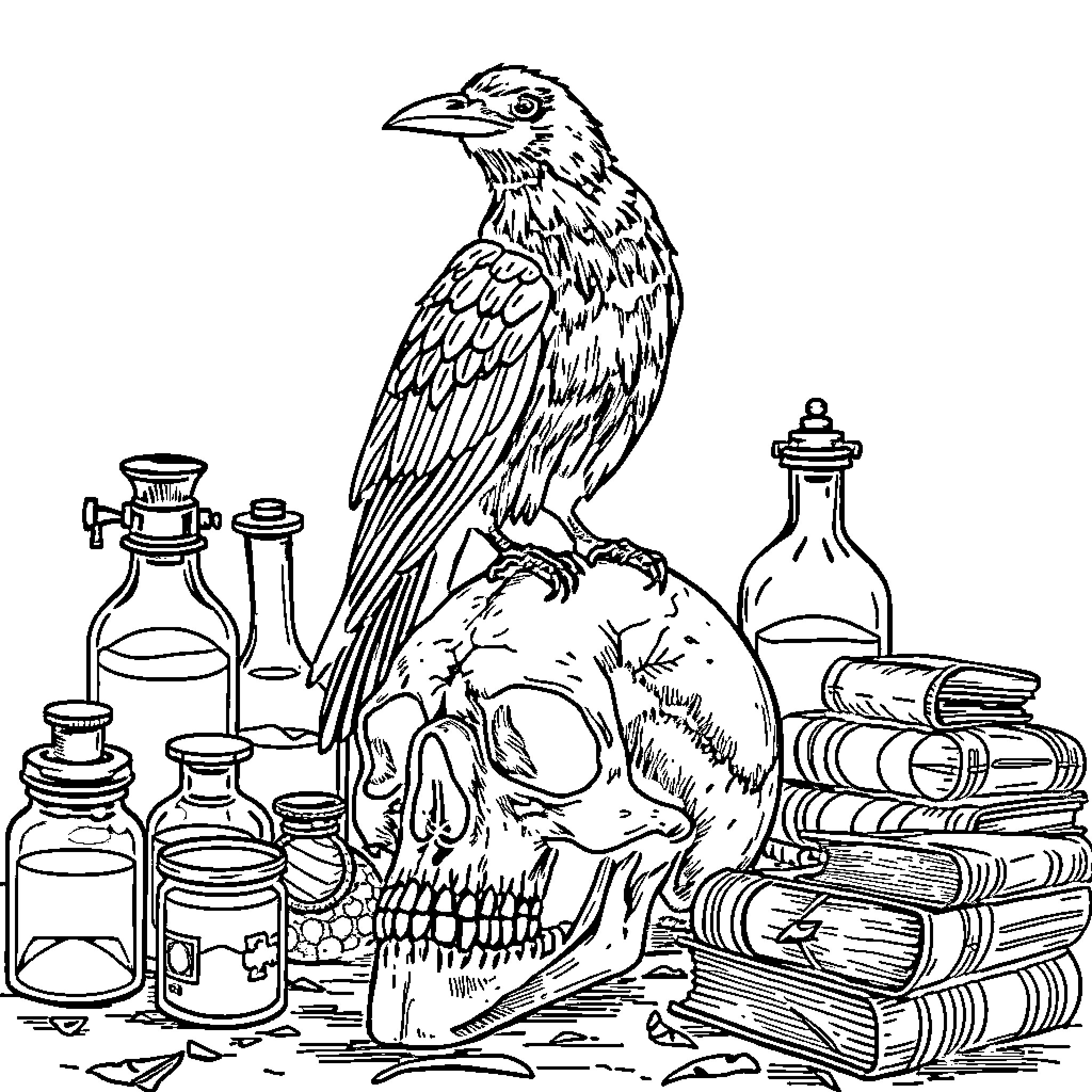 Raven perched on a skull amid laboratory equipment Coloring Page (free black-and-white line drawing printable PDF for all, from beginners to advanced learners, including children, teens, adults, and seniors)