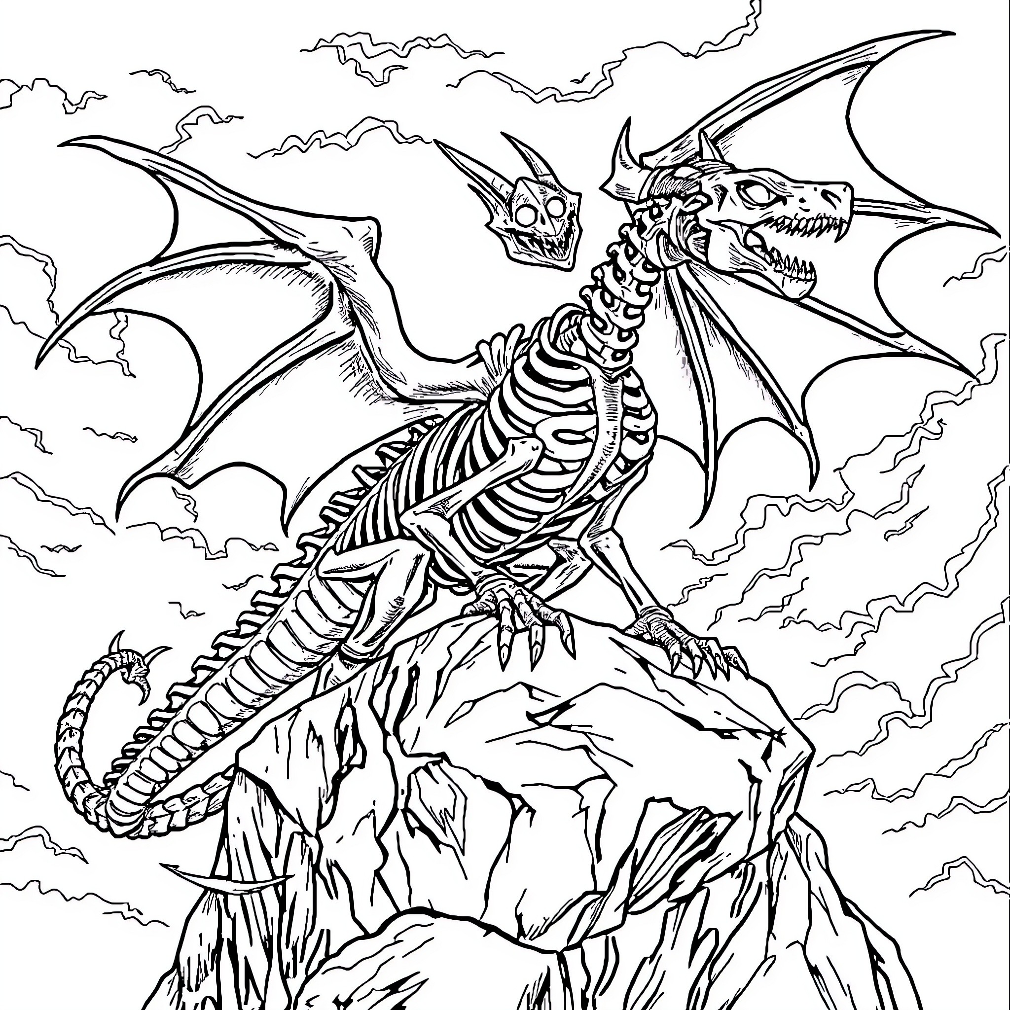 Skeleton Dragon soaring over rugged cliffs Coloring Page (free black-and-white line drawing printable PDF for all, from beginners to advanced learners, including children, teens, adults, and seniors)