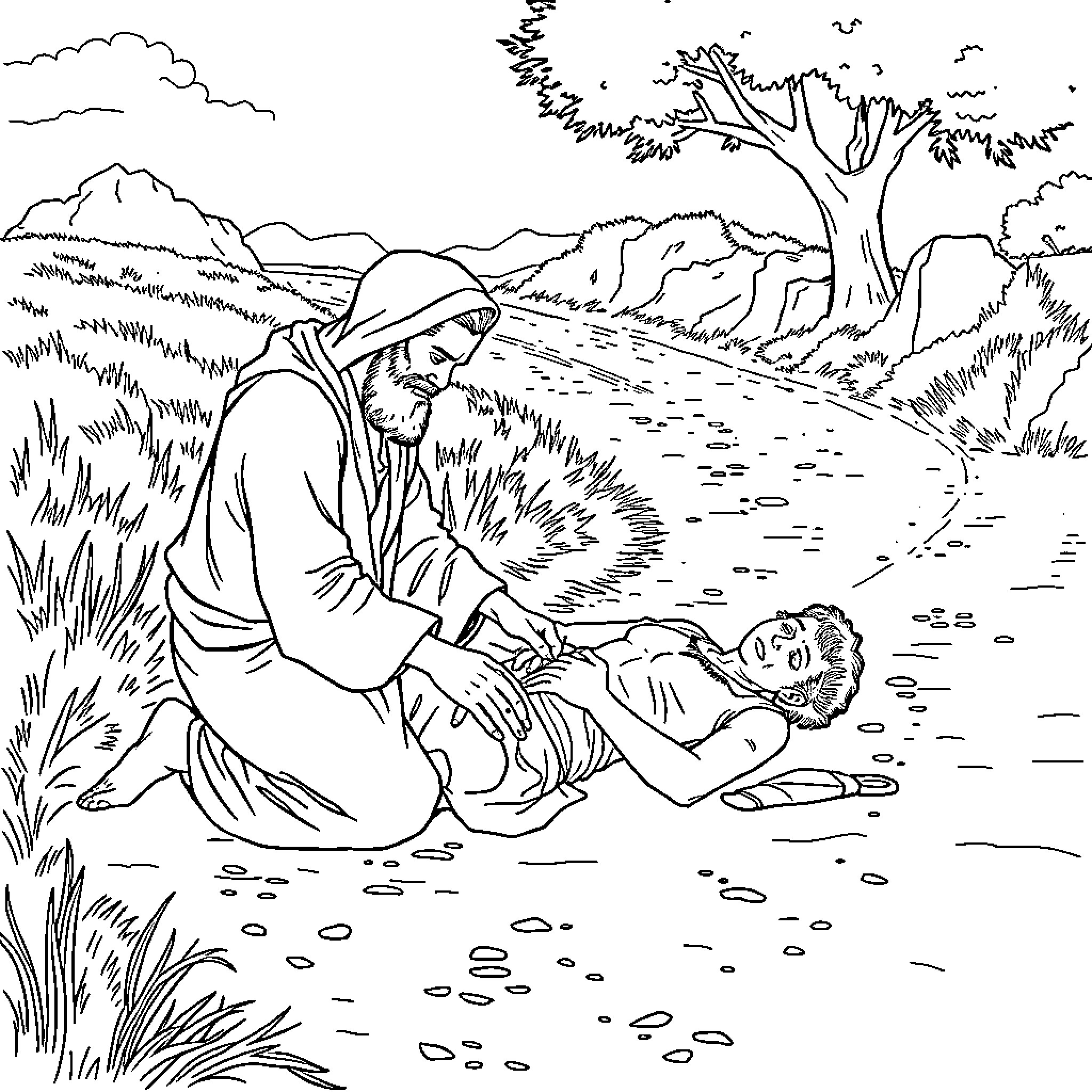 Samaritan helping an injured person on the road Coloring Page (free black-and-white line drawing printable PDF for all, from beginners to advanced learners, including children, teens, adults, and seniors)