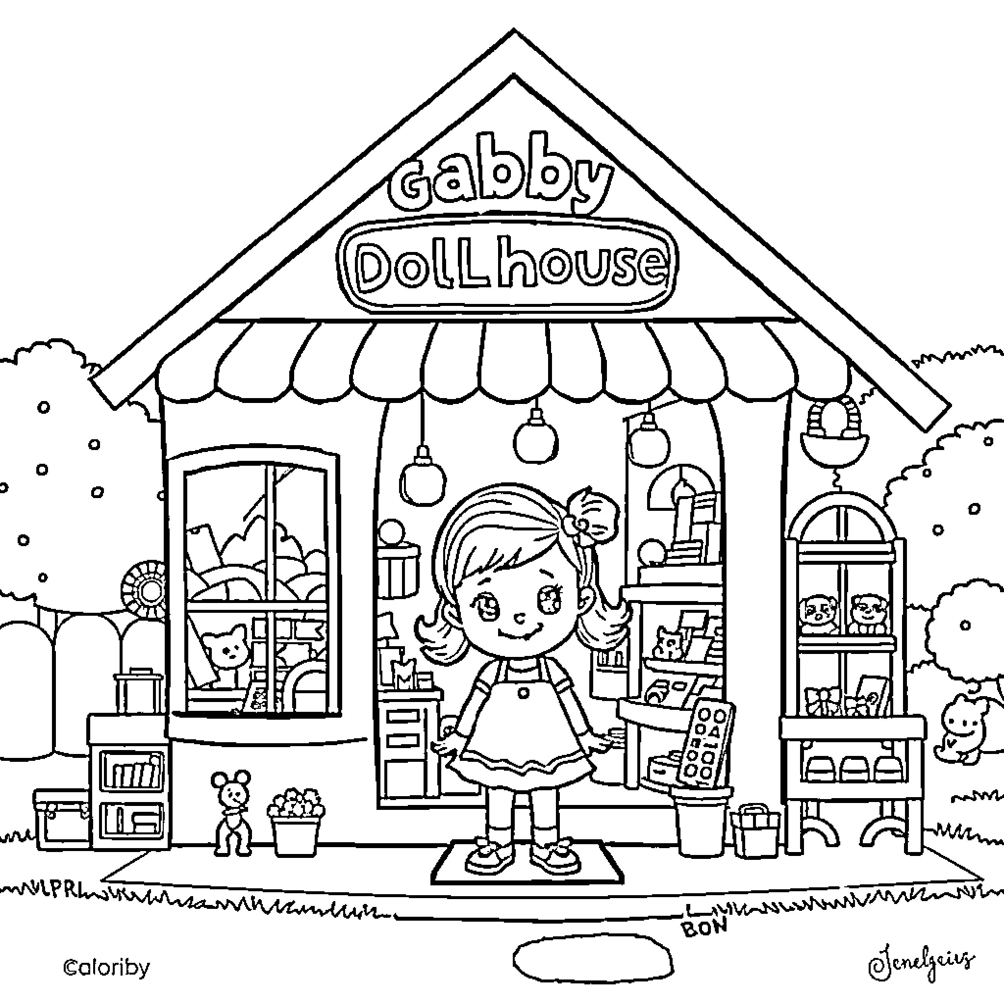 Gabby's Doll House Adventure Coloring Page (free black-and-white line drawing printable PDF for all, from beginners to advanced learners, including children, teens, adults, and seniors)