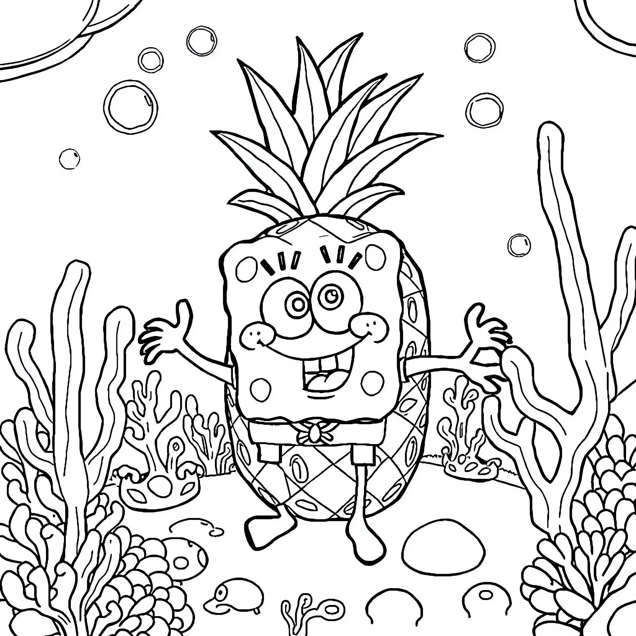 Spongebob joyfully underwater with marine life Coloring Page (free black-and-white line drawing printable PDF for all, from beginners to advanced learners, including children, teens, adults, and seniors)