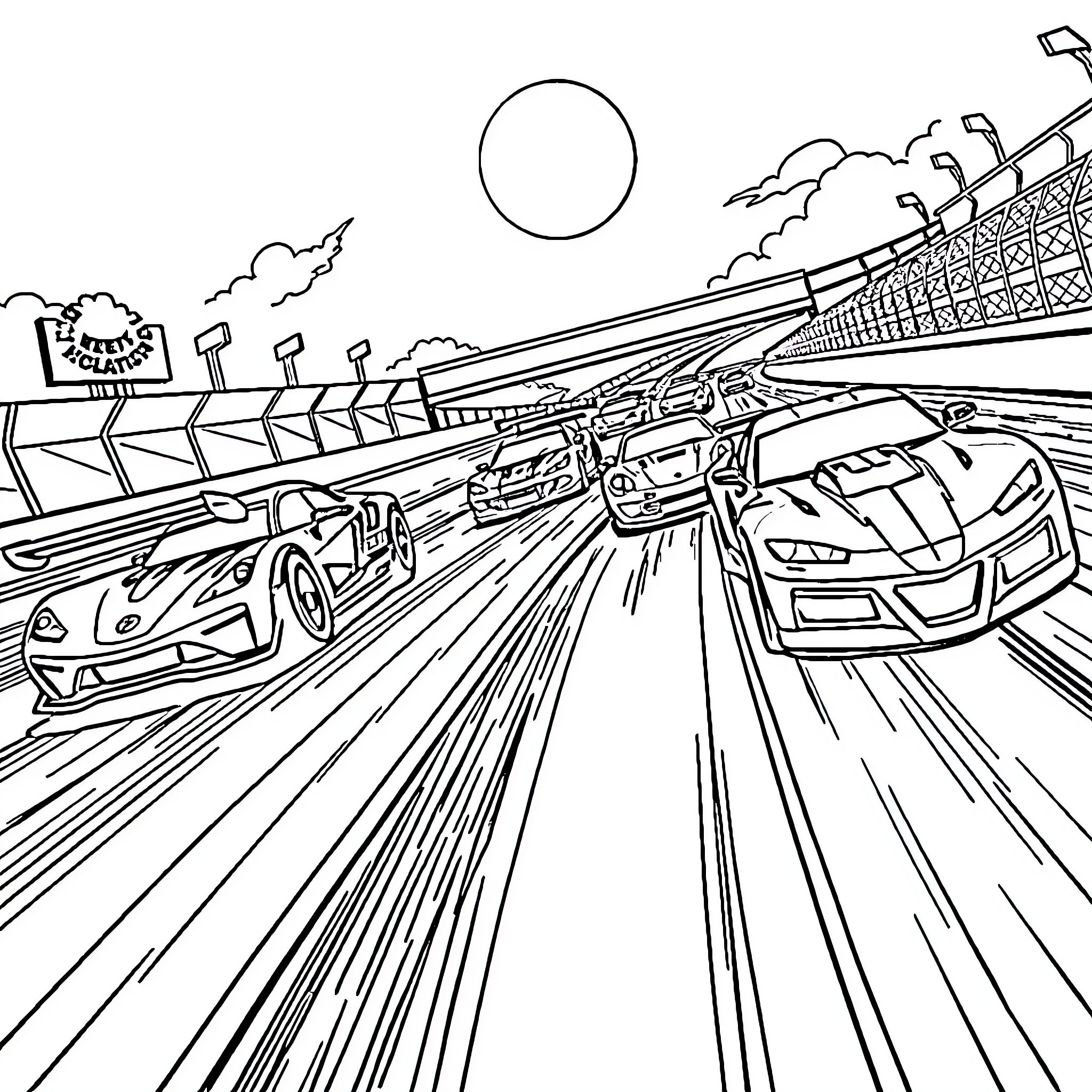 Hot Wheels Racetrack Adventure Coloring Page (free black-and-white line drawing printable PDF for all, from beginners to advanced learners, including children, teens, adults, and seniors)