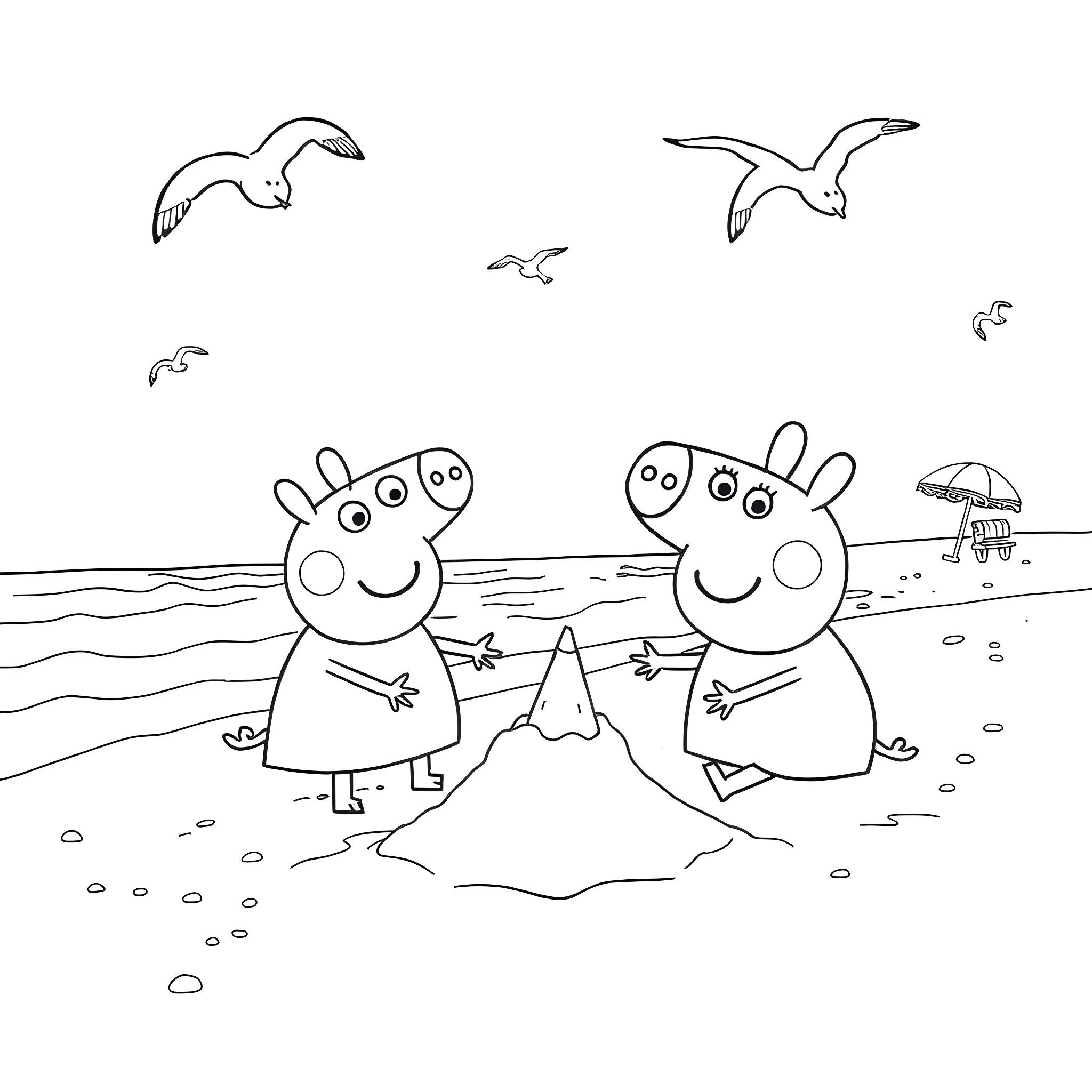 Peppa Pig and friends enjoying a day at the beach Coloring Page (free black-and-white line drawing printable PDF for all, from beginners to advanced learners, including children, teens, adults, and seniors)