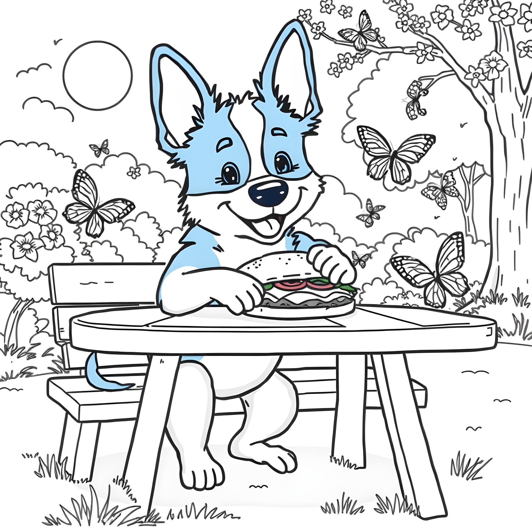 Bluey enjoys a picnic in the park Coloring Page (free black-and-white line drawing printable PDF for all, from beginners to advanced learners, including children, teens, adults, and seniors)