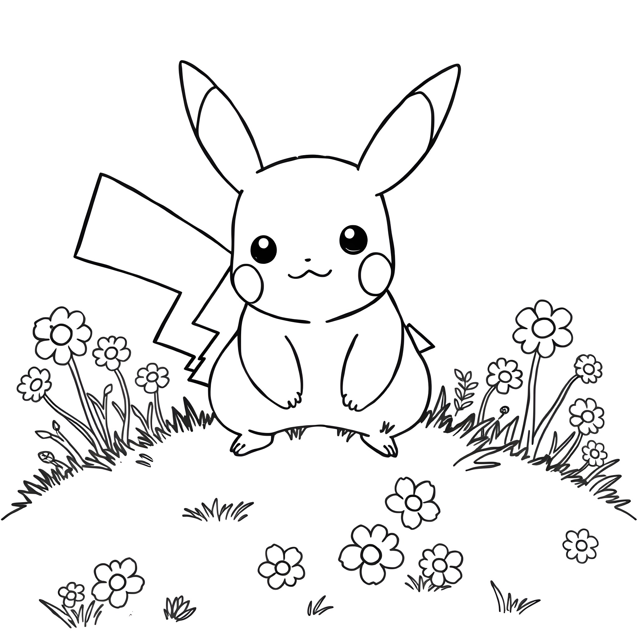 Pikachu enjoying a flowery meadow Coloring Page (free black-and-white line drawing printable PDF for all, from beginners to advanced learners, including children, teens, adults, and seniors)