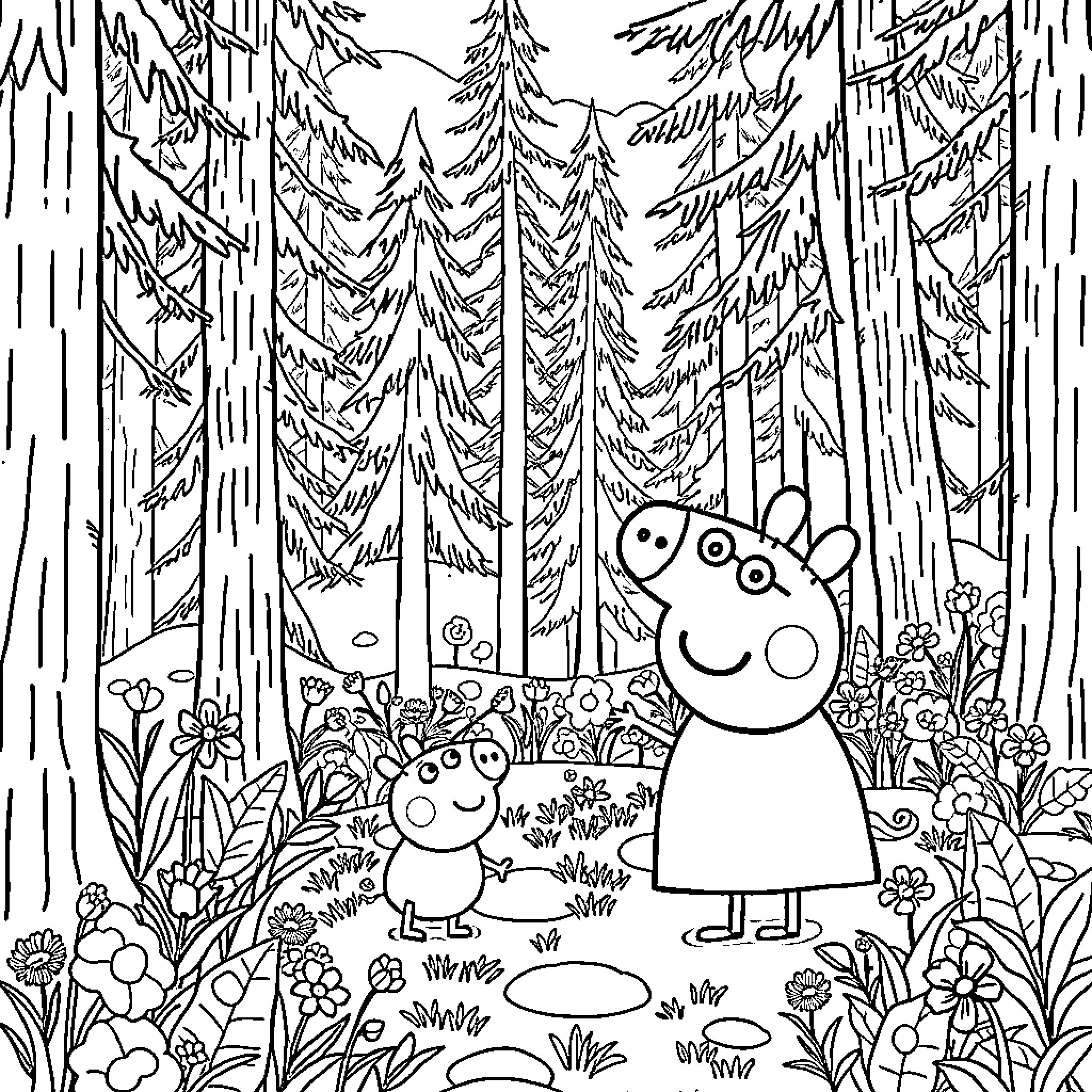 Peppa Pig's Forest Adventure Coloring Page (free black-and-white line drawing printable PDF for all, from beginners to advanced learners, including children, teens, adults, and seniors)