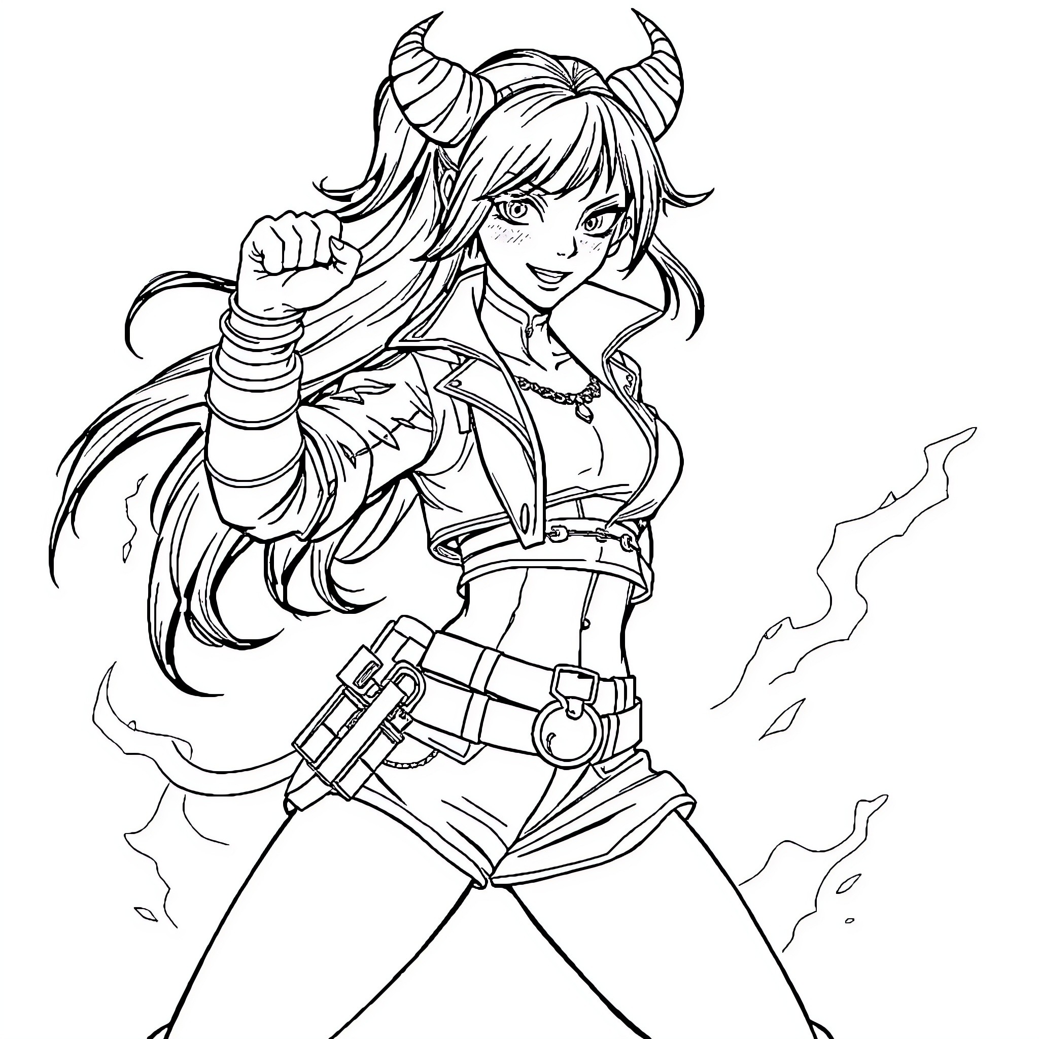 Zoey the Adventurous Demon Girl Coloring Page (free black-and-white line drawing printable PDF for all, from beginners to advanced learners, including children, teens, adults, and seniors)