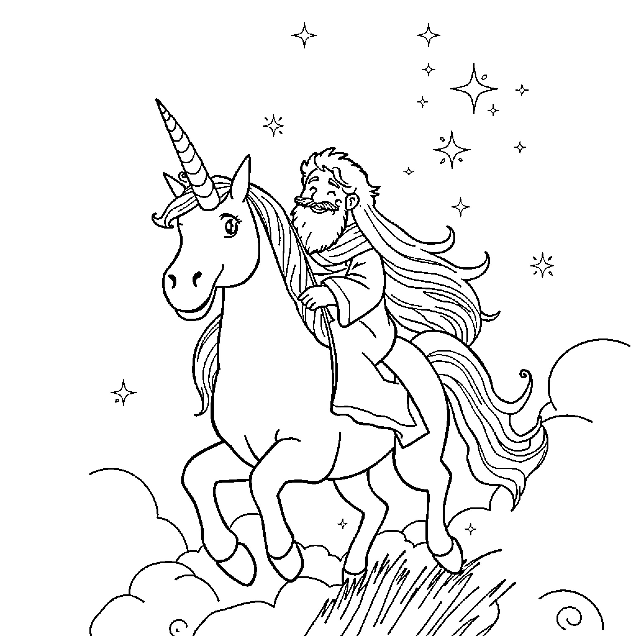 Rumi riding a magical unicorn in a starry night Coloring Page (free black-and-white line drawing printable PDF for all, from beginners to advanced learners, including children, teens, adults, and seniors)