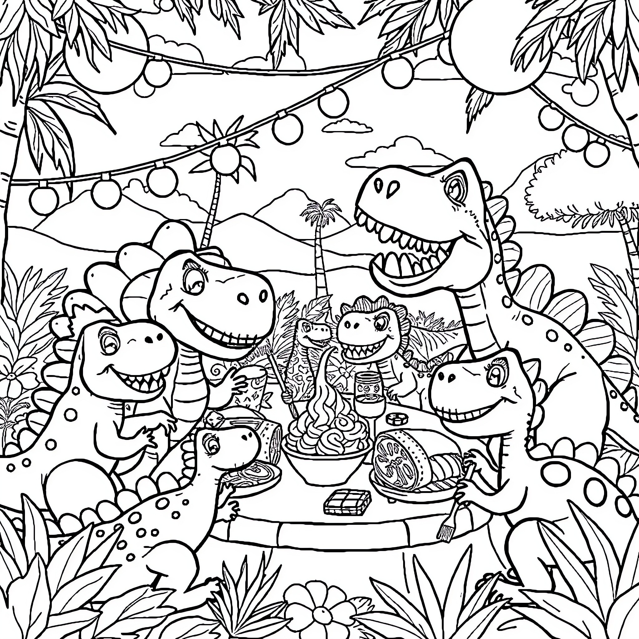 Dinosaurs having a party in the jungle Coloring Page (free black-and-white line drawing printable PDF for all, from beginners to advanced learners, including children, teens, adults, and seniors)