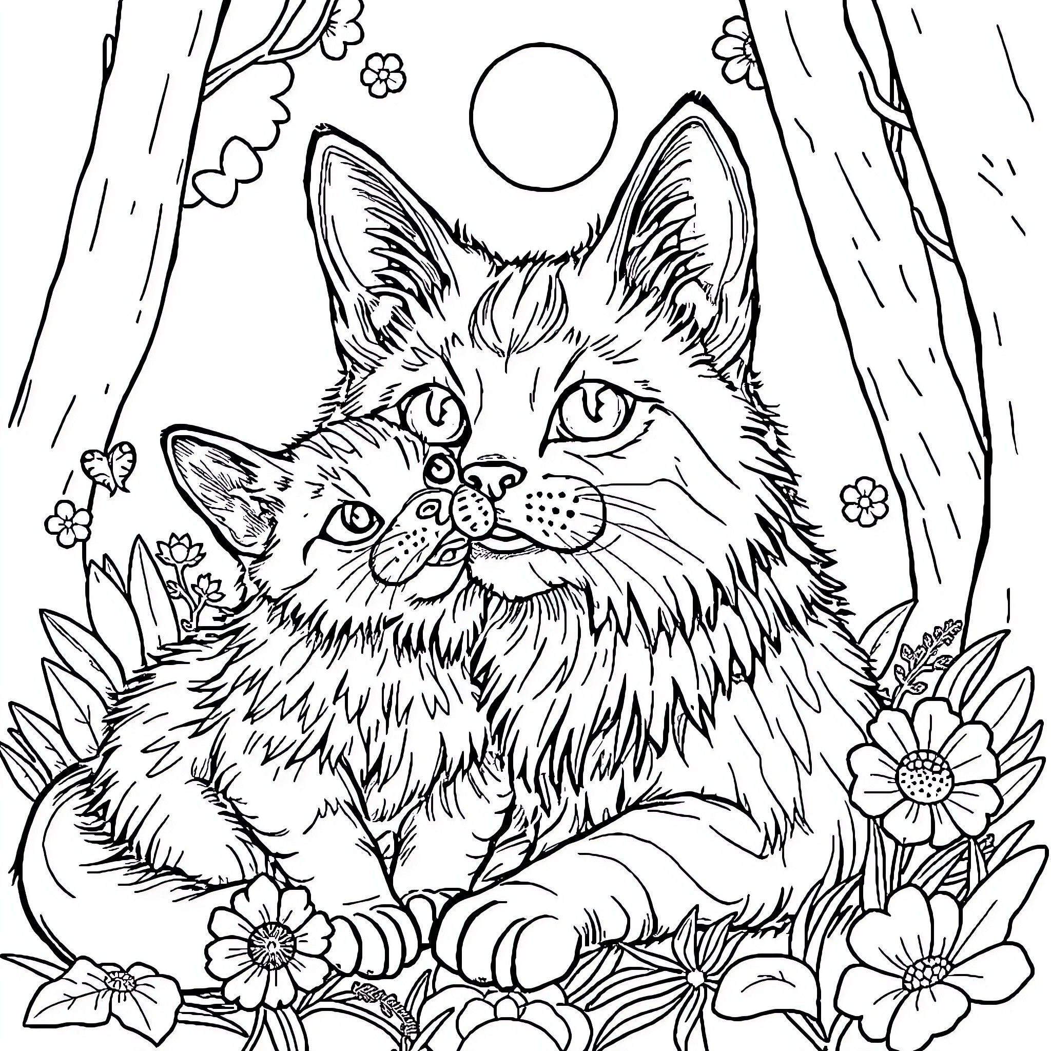 Cat and Dog Relaxing in Floral Garden Coloring Page (free black-and-white line drawing printable PDF for all, from beginners to advanced learners, including children, teens, adults, and seniors)