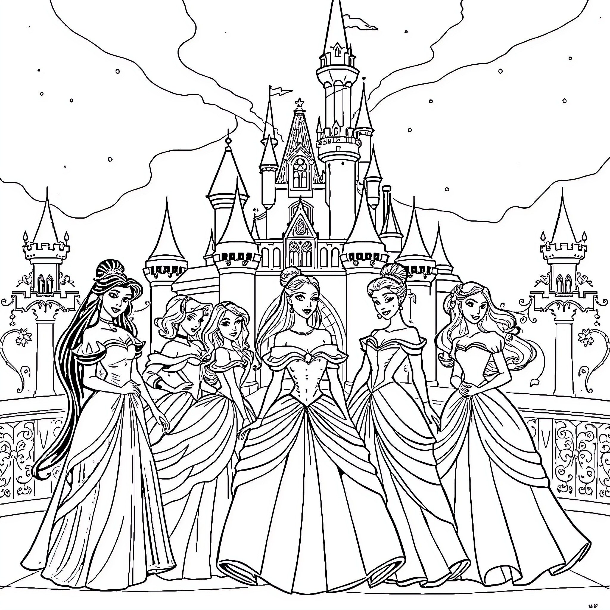 Disney Princess Fairytale Gathering at Castle Coloring Page (free black-and-white line drawing printable PDF for all, from beginners to advanced learners, including children, teens, adults, and seniors)