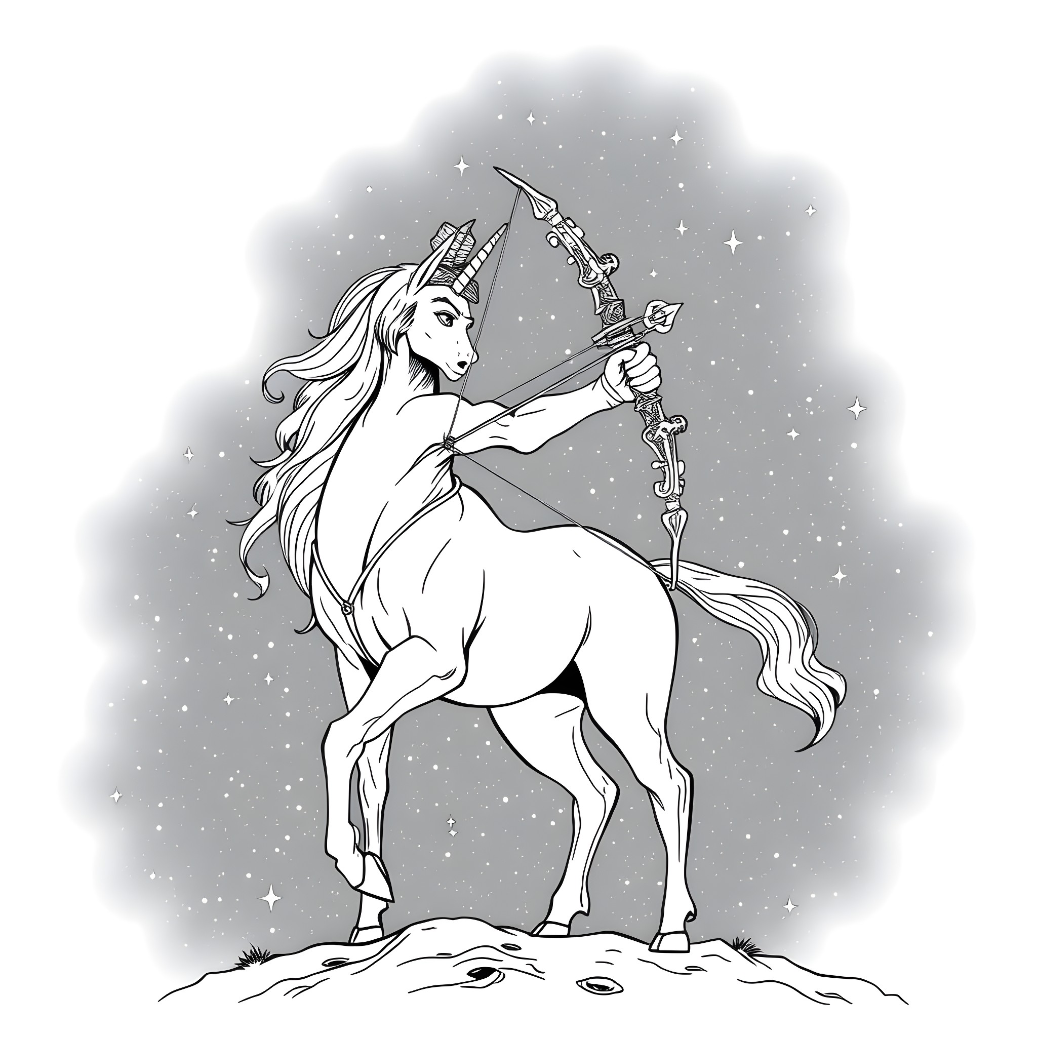 Sagittarius - Mythical Unicorn Archer in Starry Night Coloring Page (free black-and-white line drawing printable PDF for all, from beginners to advanced learners, including children, teens, adults, and seniors)