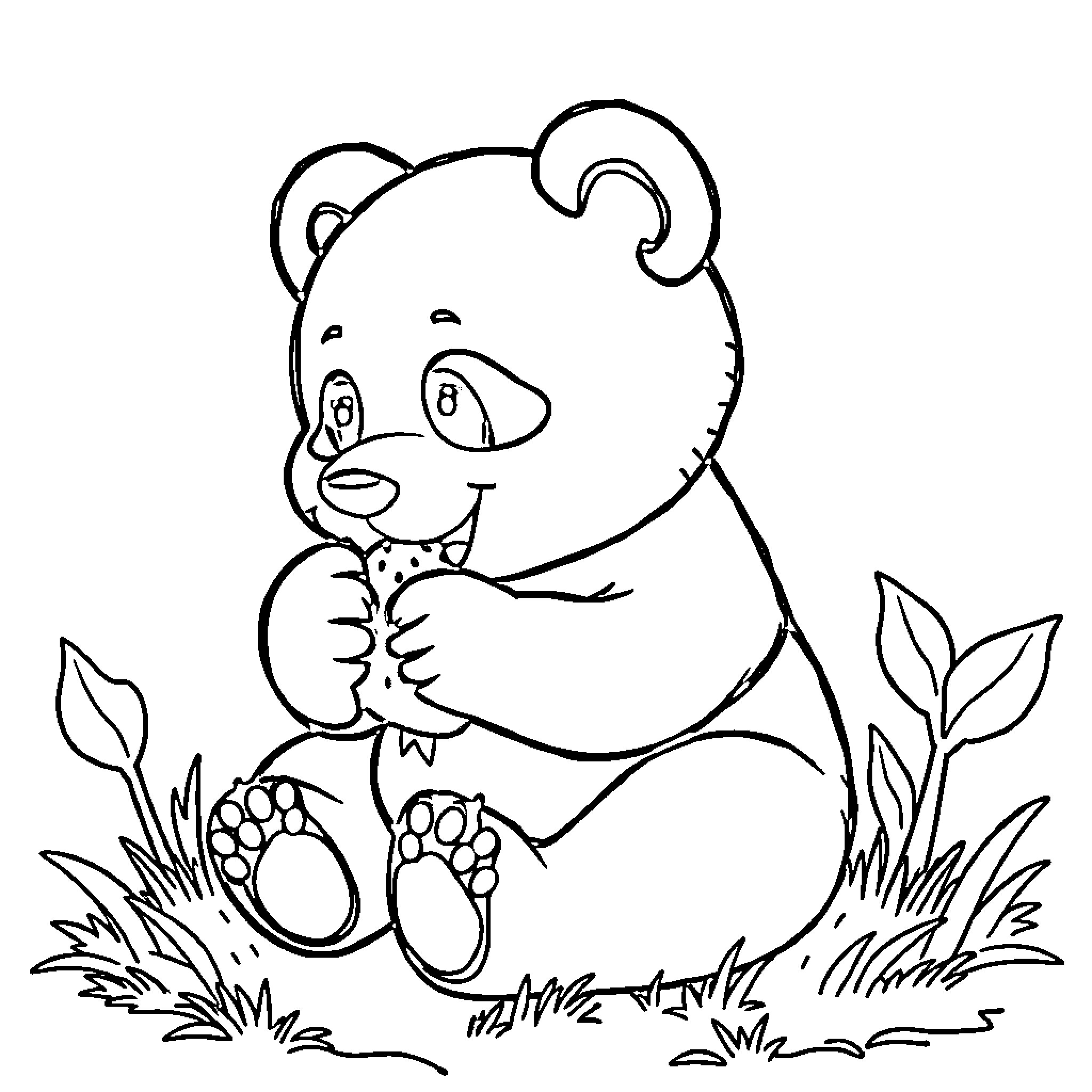 Panda cub playing in the grass Coloring Page (free black-and-white line drawing printable PDF for all, from beginners to advanced learners, including children, teens, adults, and seniors)