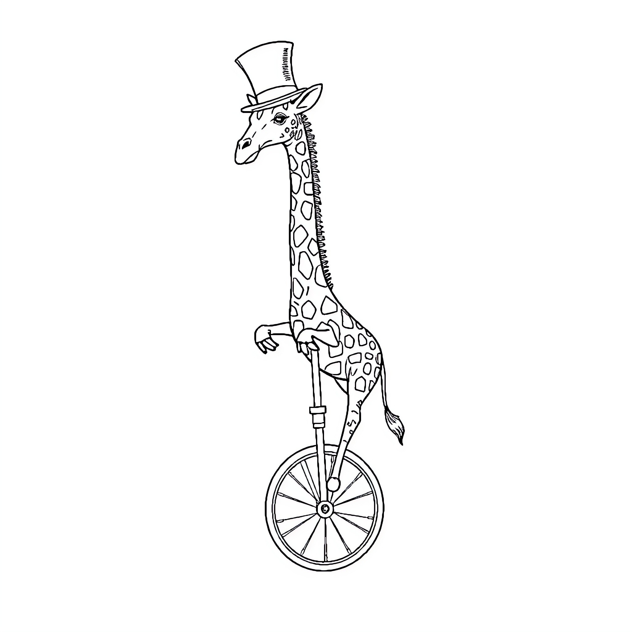 Giraffe riding a unicycle in a top hat Coloring Page (free black-and-white line drawing printable PDF for all, from beginners to advanced learners, including children, teens, adults, and seniors)