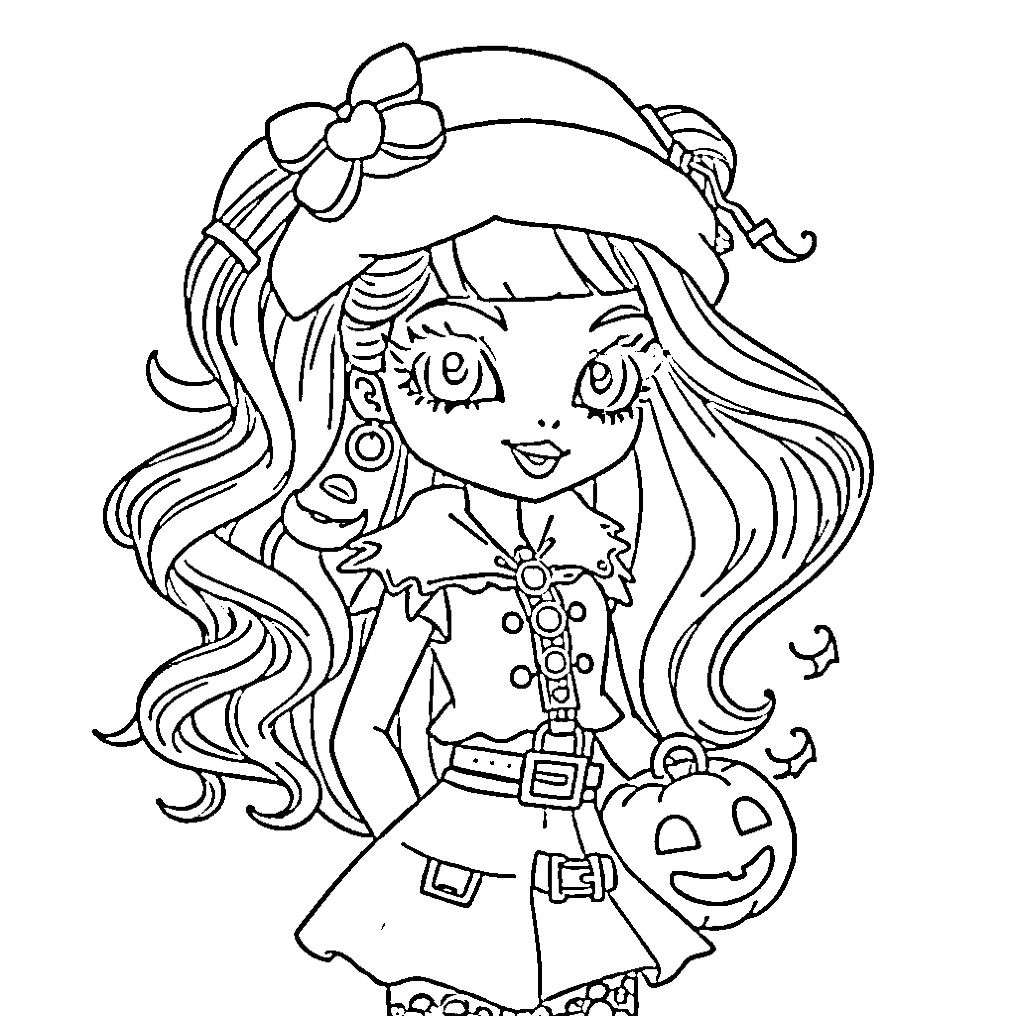 Bratz doll in Halloween costume with pumpkin Coloring Page (free black-and-white line drawing printable PDF for all, from beginners to advanced learners, including children, teens, adults, and seniors)