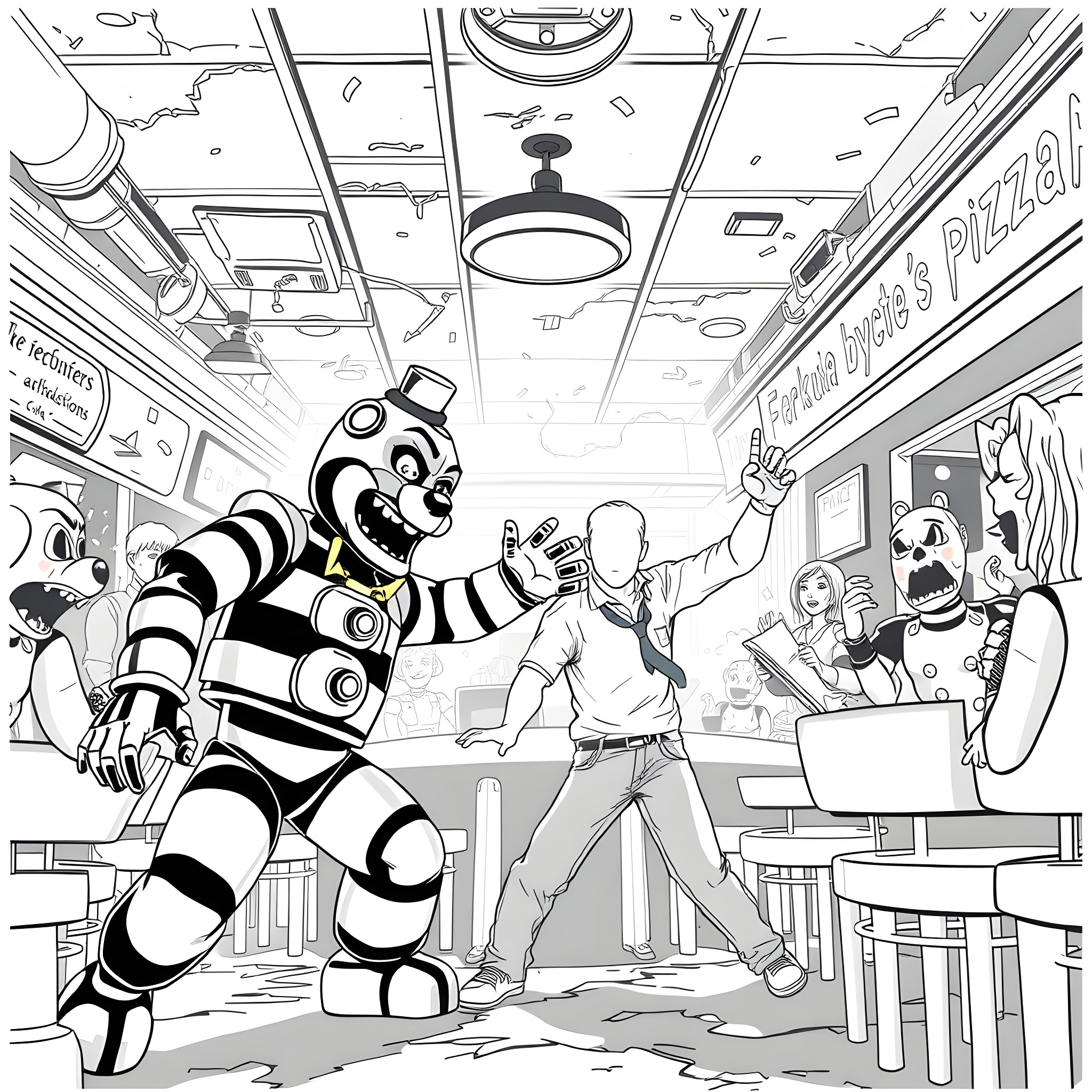 Freddy Fazbear's Pizza: Chaotic Animatronic Mayhem Coloring Page (free black-and-white line drawing printable PDF for all, from beginners to advanced learners, including children, teens, adults, and seniors)