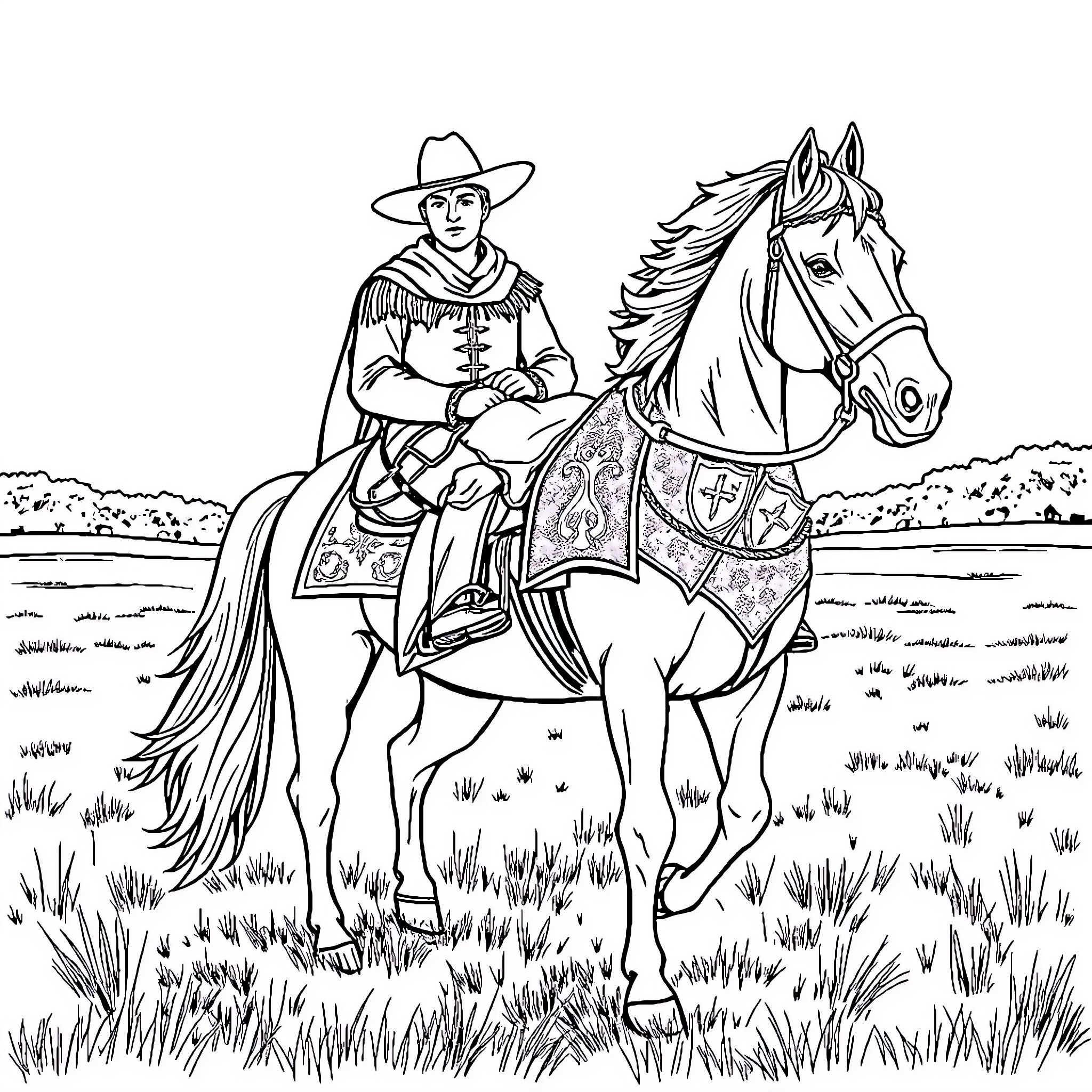 Horse Rider in Traditional Cowboy Attire in Countryside Coloring Page (free black-and-white line drawing printable PDF for all, from beginners to advanced learners, including children, teens, adults, and seniors)