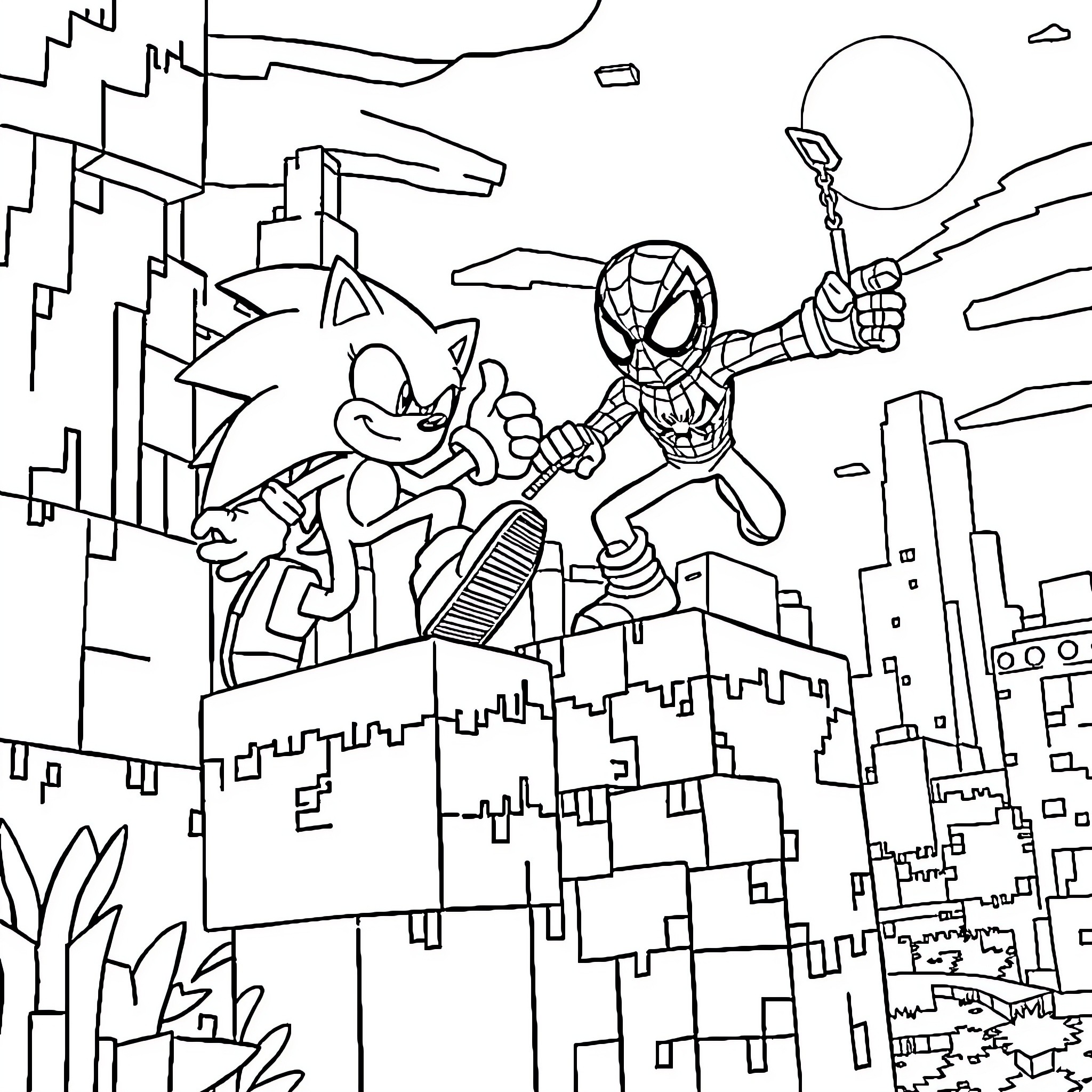Minecraft Superheroes in the City Coloring Page (free black-and-white line drawing printable PDF for all, from beginners to advanced learners, including children, teens, adults, and seniors)