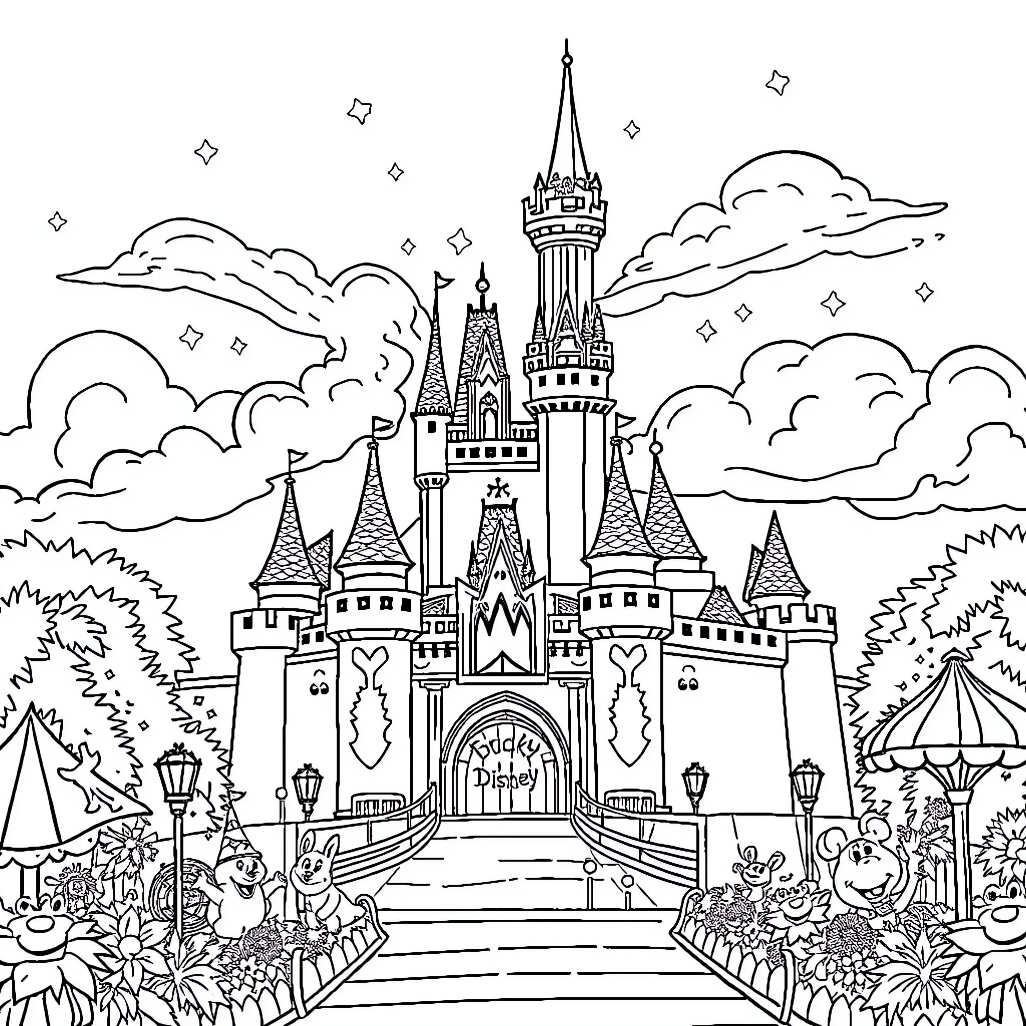 Disney Fairytale Castle with Whimsical Characters Coloring Page (free black-and-white line drawing printable PDF for all, from beginners to advanced learners, including children, teens, adults, and seniors)