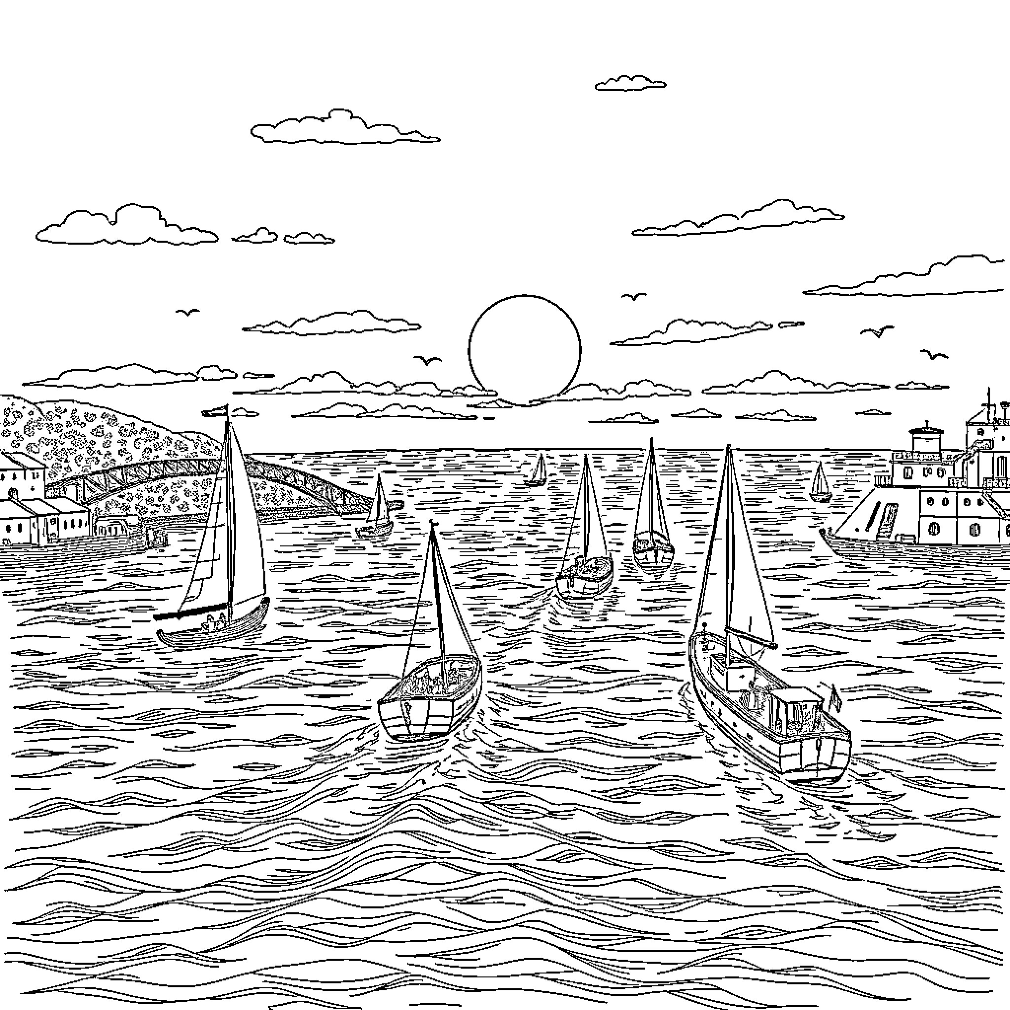 Love for the Tranquil Sea Voyage Coloring Page (free black-and-white line drawing printable PDF for all, from beginners to advanced learners, including children, teens, adults, and seniors)