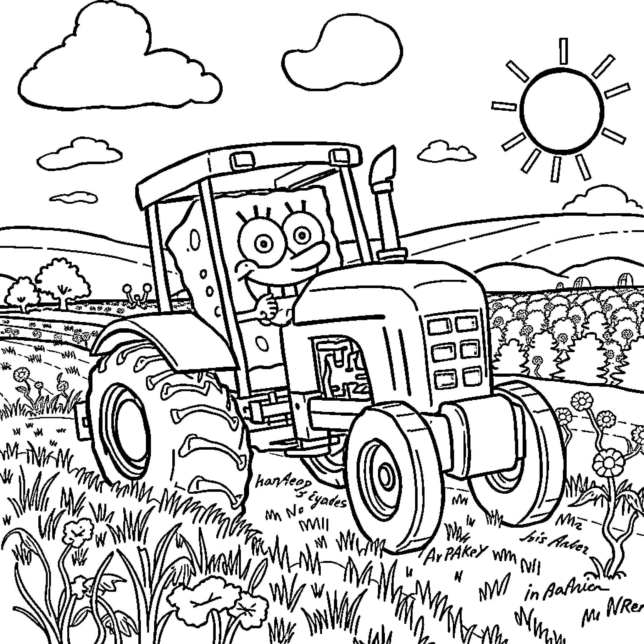 Spongebob's Tractor Adventure in the Countryside Coloring Page (free black-and-white line drawing printable PDF for all, from beginners to advanced learners, including children, teens, adults, and seniors)