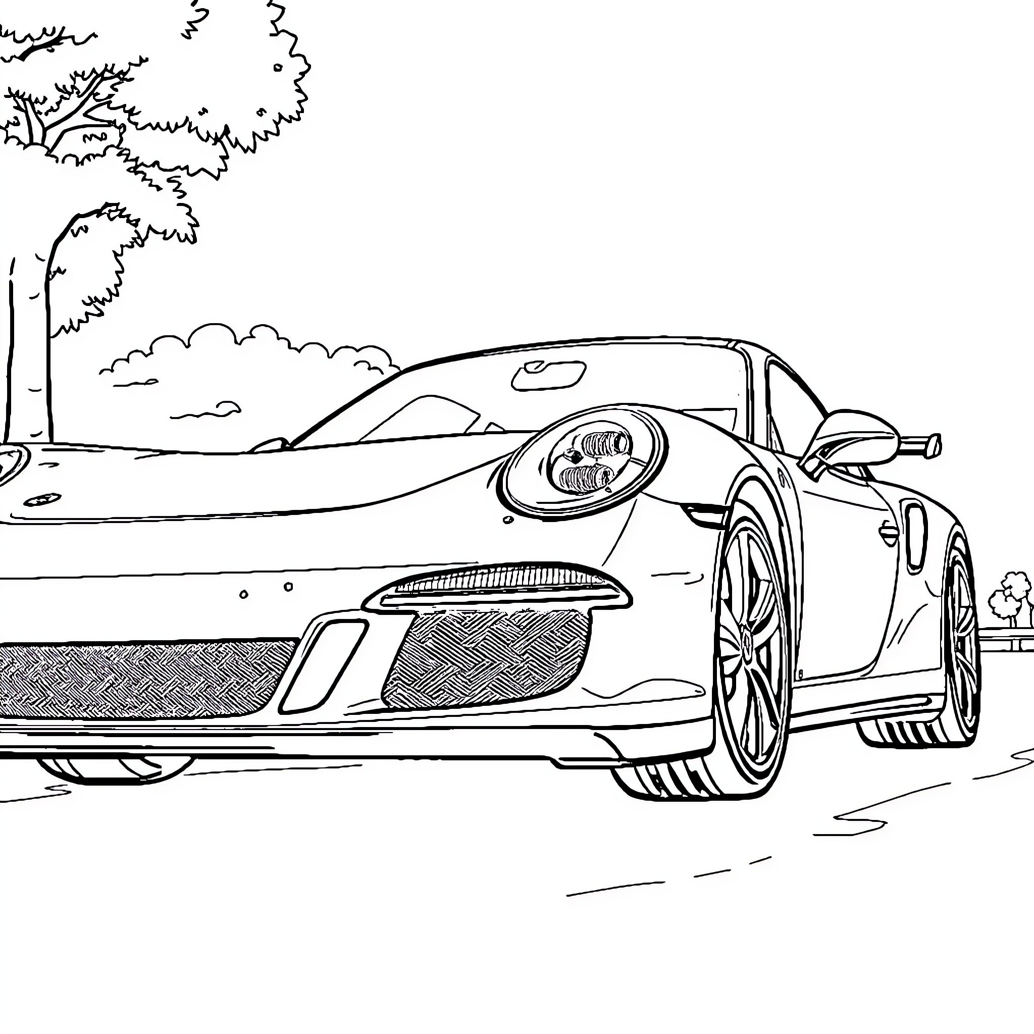 Porsche sports car on the road Coloring Page (free black-and-white line drawing printable PDF for all, from beginners to advanced learners, including children, teens, adults, and seniors)