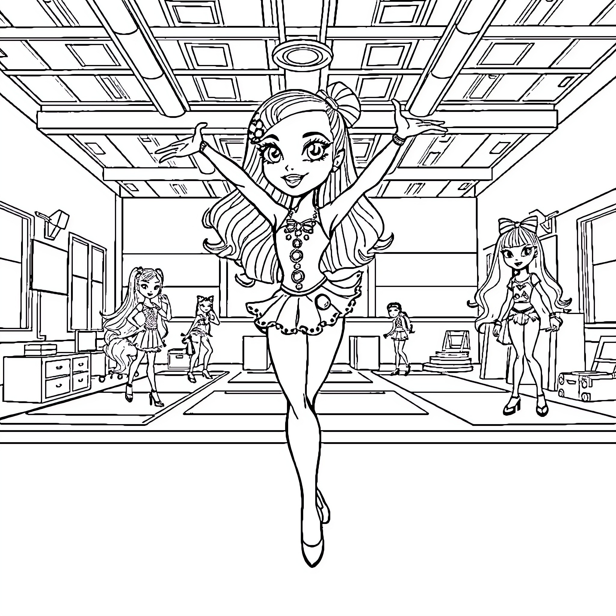 Gabby dancing happily in her school classroom Coloring Page (free black-and-white line drawing printable PDF for all, from beginners to advanced learners, including children, teens, adults, and seniors)