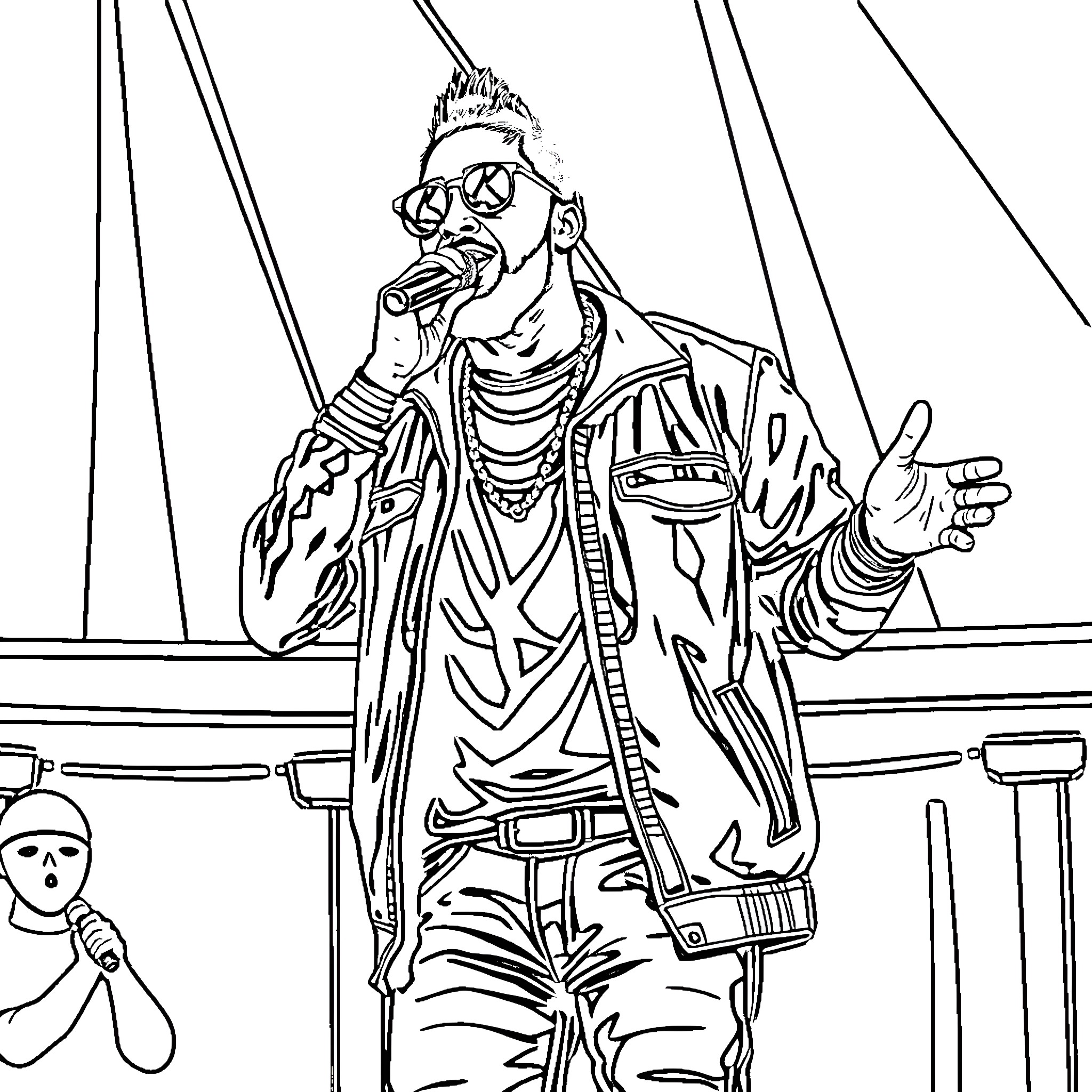 Lil Durk performing on stage with expressive gestures Coloring Page (free black-and-white line drawing printable PDF for all, from beginners to advanced learners, including children, teens, adults, and seniors)
